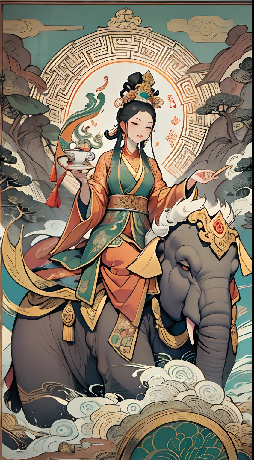an ancient Chinese goddess, guanyin of the southern seas, Guanyin, Inspired by India, Avalokiteshvara rides an elephant,,Serene expression,shui mo hua,Buddha,Buddhist,Lotus,Chinese painting style,Thangka style