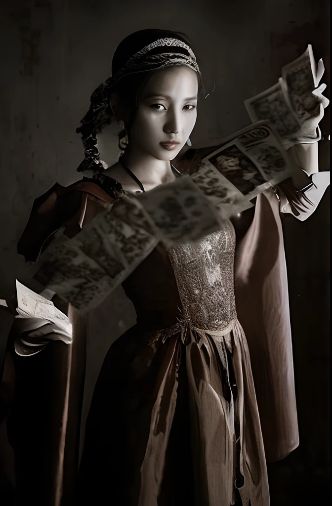 Beautiful arafed woman in a brown dress holding a map and a knife, Bela Stella Maeve Magician, gorgeous stella maeve magician, em alto estilo renascentista, maga feminina de fantasia sombria, [ Tarot card ]!!!!!, Maga Feminina, alta moda medieval, tarot cards!!, Chie Yoshii, em estilo renascentista, Mahira Khan como um D&assistente d, medieval!! Realismo, renderizado, Alto contraste, digital art photographyrealistic trend in Artstation 8k HD high definition detailed realistic,  detalhado, textura da pele, hiper detalhado, textura de pele realista, armadura, melhor qualidade, ultra high-resolution, (fotografiarrealista: 1.4), alta resolução, detalhado, Calado bruto, sharp re, por lee jeffries Nikon D850 Filme Fotografia de Stock 4 Kodak Portra 400 Lente F1.6 Rich Colors Realistic Texture Dramatic Texture Dramatic Lighting Irrealengine Trend on Artstation Cinestill 800