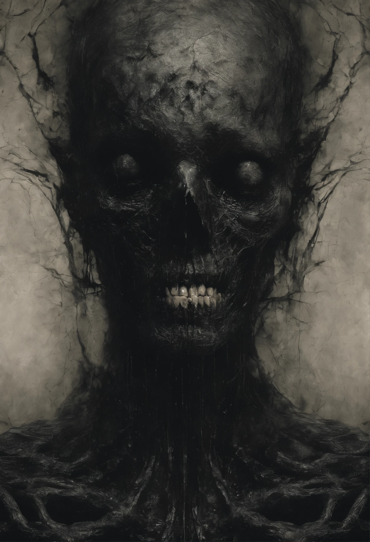 Photographic still of an alien, translucent skin, teeth dripping,, veins showing beneath it's skin, dark, onimous
