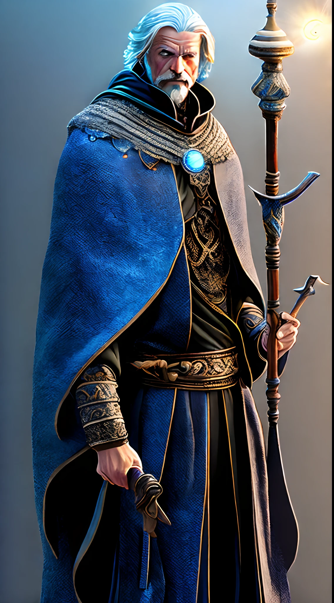 um alto, homem misterioso com olhos azuis penetrantes e longos, cabelos prateados, vestindo um manto escuro e protetores e um antigo, magic staff. Realista (ultra qualidade) 4K分辨率.