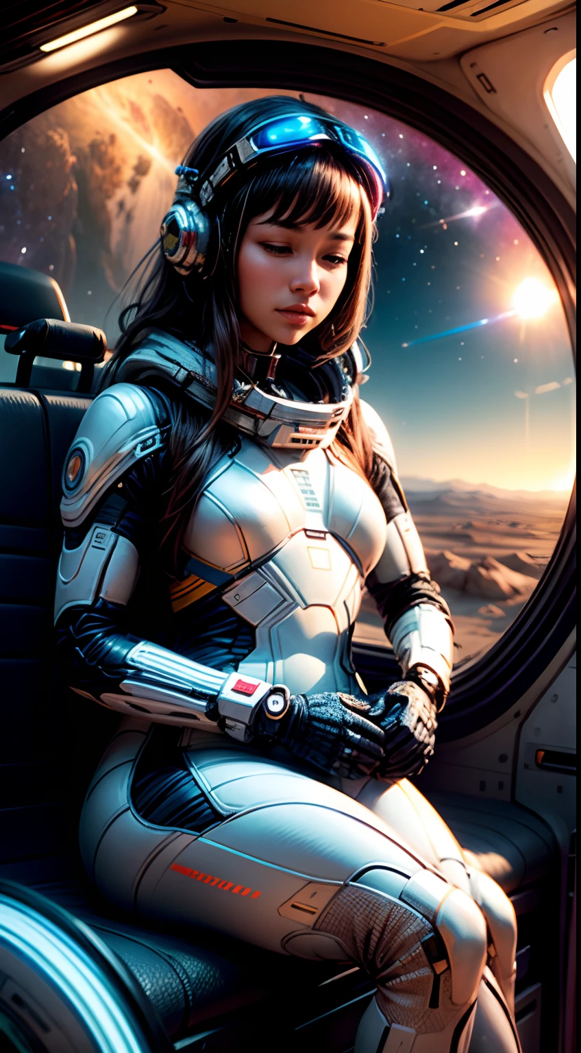 portrait of a female astronaut wearring a futuristic spacesuit , sitting in a breath taking garden full of vibrant flowers bloom, butterflies flying around in a cinematic scene on mars planet.
the suit helmet reflects the warm sunlight, above a mesmerizing galaxy stretches across the sky, adorned with distant planets that twinkle with an otherworldly beauty. the scene is a captivating fusion of earthly 
and extraterrestrial wonders