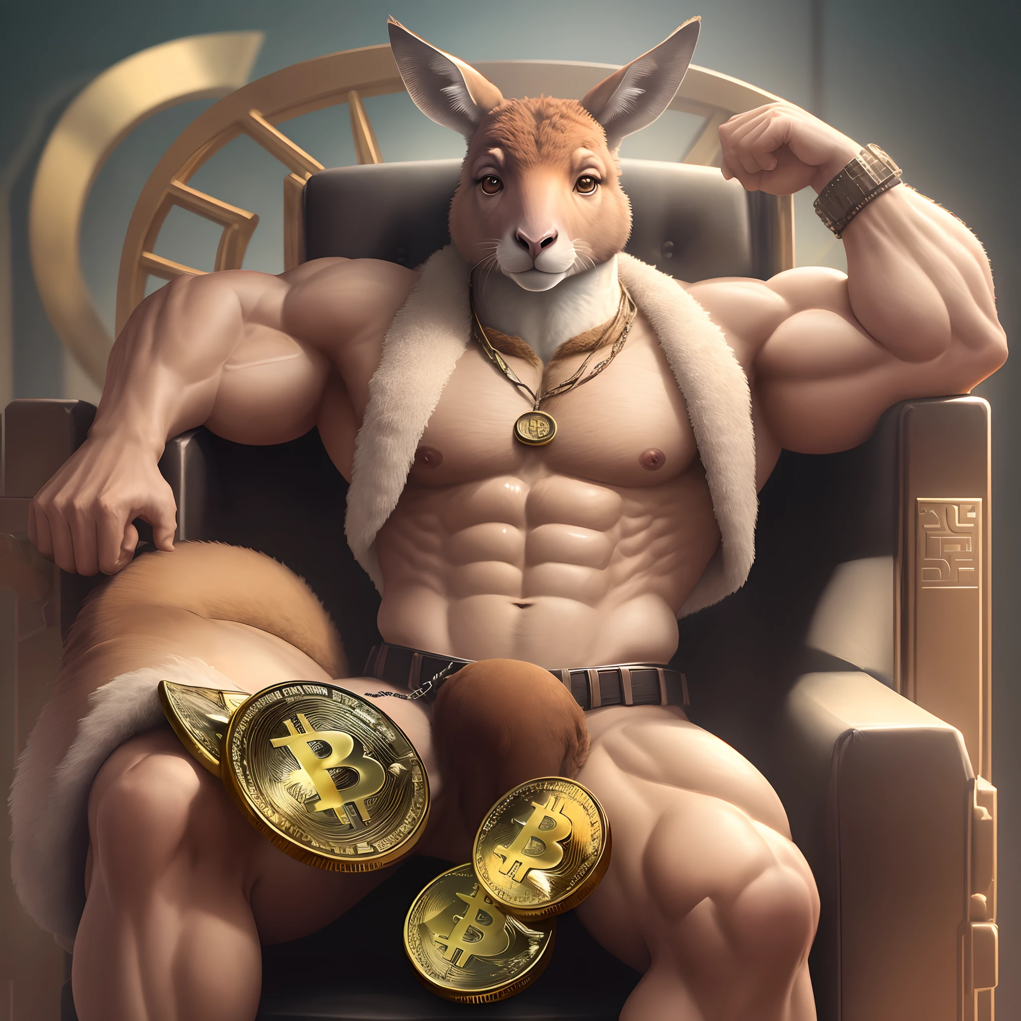 strong and muscular kangaroo sitting on throne holding cryptocurrency in hand