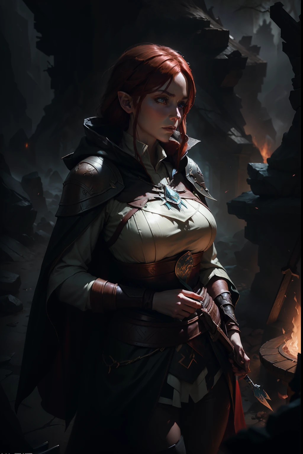 Elf, cloak, stunning character art, epic exquisite character art, alexandra fomina artstation, Artstation contest winner, Amazing 8K character concept art, female redhead templar, wojtek fus, dark fantasy style art, character splash art, epic fantasy digital art style, Concept art of "The Witcher", Triss Merigold