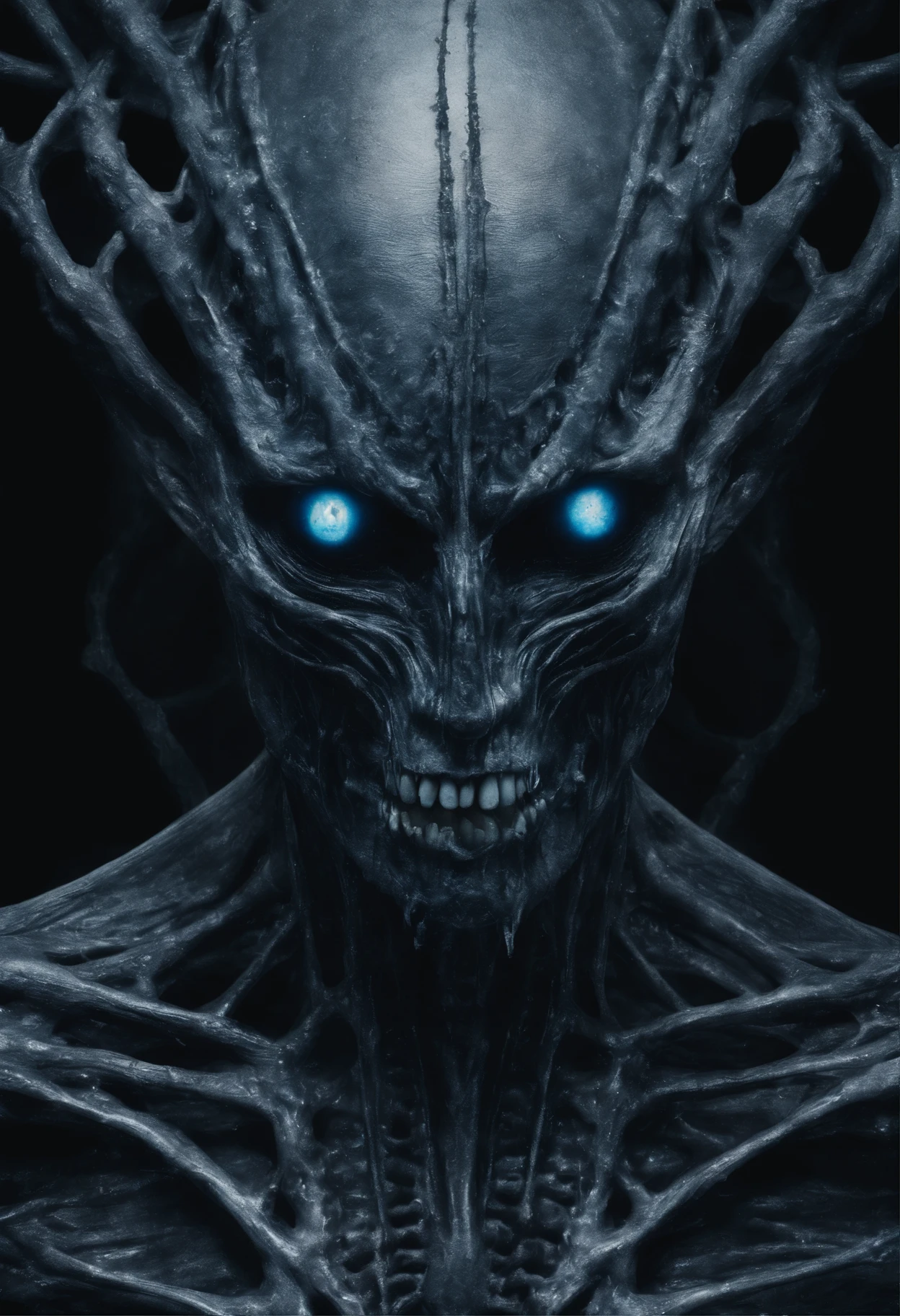 Photographic still of an alien, blue glowing eyes, translucent skin, teeth dripping,, veins showing beneath it's skin, dark, onimous