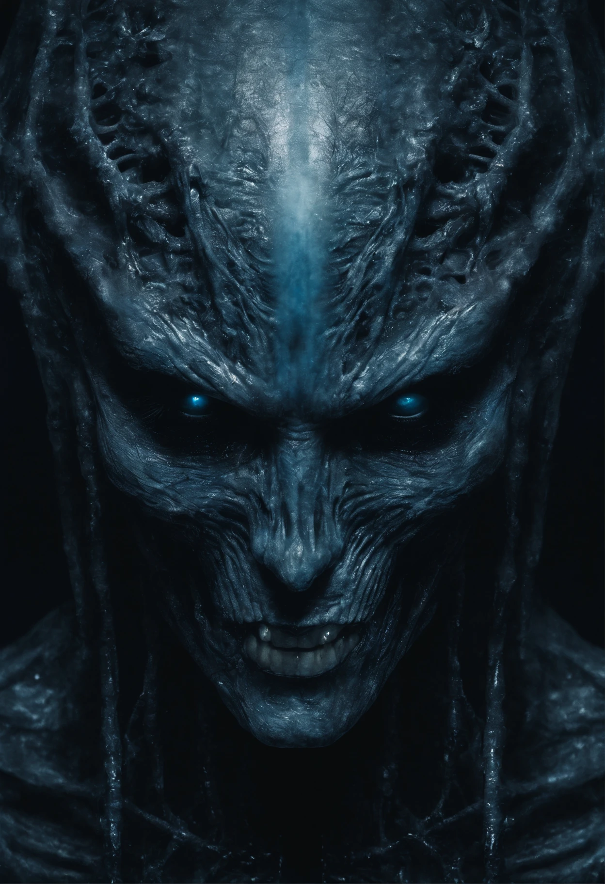 Photographic still of an alien, blue glowing eyes, translucent skin, teeth dripping,, veins showing beneath it's skin, dark, onimous