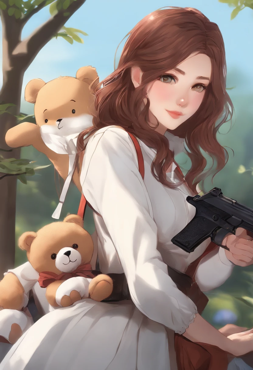 Anime girl with a gun and a teddy bear in her arms, Marin Kitagawa Fanart, Digital anime illustration, illustration Anime style, digital advanced anime art ", por Kamagurka, Demon Slayer rui fanart, Fujita Goro!, Yayoi Kasuma, Nos, fanart requintada altamente detalhada, protagonista feminina :8, inspirado em Kamisaka Sekka