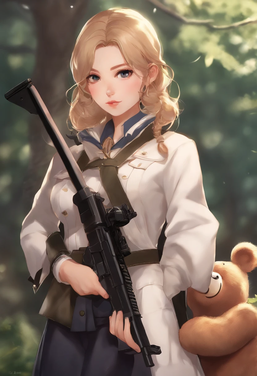 Anime girl with a gun and a teddy bear in her arms, Marin Kitagawa Fanart, Digital anime illustration, illustration Anime style, digital advanced anime art ", por Kamagurka, Demon Slayer rui fanart, Fujita Goro!, Yayoi Kasuma, Nos, fanart requintada altamente detalhada, protagonista feminina :8, inspirado em Kamisaka Sekka