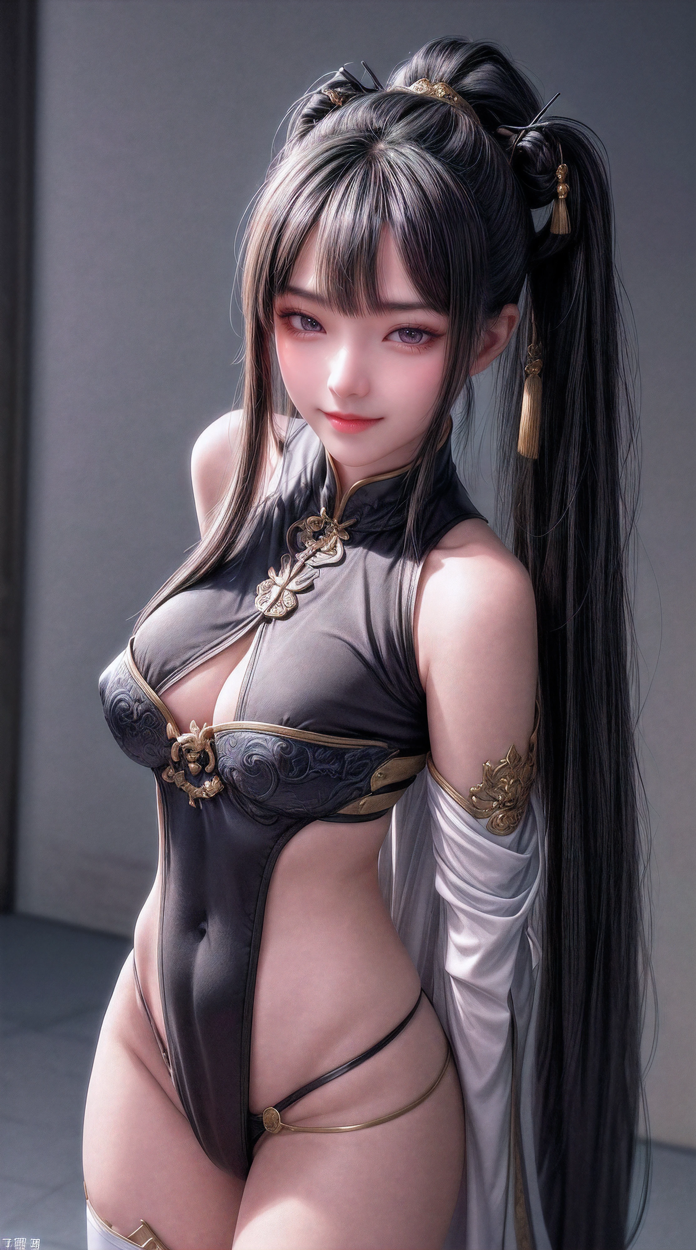 (from front:1.5),POV,China,Dark Big Oriental eyes,Black long hair gathered in a Chinese ponytail,metal shoulder,Blend of blue gold,white Pattern, Dragon Pattern,arms behind back,hands behind heads, black lence stockings,Strangle,smile,ultra high res, (photorealistic:1.4), raw photo,16K,dramatic lighting,small breast,