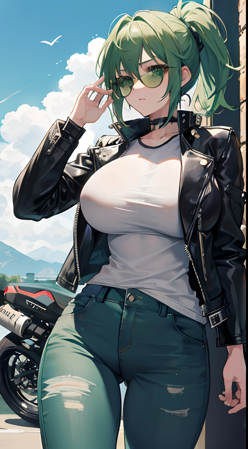 1girl, green hair, green eyes, big boobs, sun glasses, tomboy, jeans, leather jacket, motorcycle