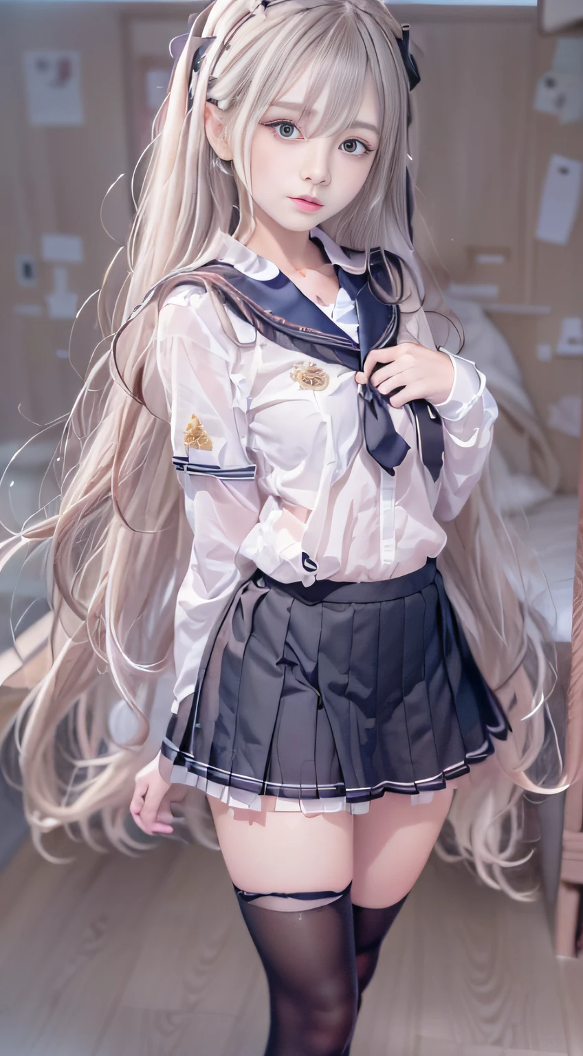 Portable Wallpapers,Super beautiful photo,FULL ANATOMY,Girl Like a Goddess,Highly detailed background,Realistic,ultra-detailliert,super detailed skin,Detailed beautiful face and eyes,retinas, masutepiece, ccurate, Anatomically correct,Tsurime, Textured skin, Super Detail, high details, High quality, awardwinning, Best Quality, hight resolution, 8K,ultimate beauty girl, BREAK,Close up of girl in dress and shirt, loose coat collar sailor uniform, thin head,magical school student uniform, japanese girl school uniform,, Cute dress, katelynn mini cute style, dressed with long fluent clothes, School uniform, magic school uniform, black and white clothes, Stylish dress, school girl in gothic dress, Black Quick, Elegant clothes,((small tits:1.7,Thin leg,skinny thigh:1.4)),slim figure,extremely detailed eye and face、beatiful detailed eyes,Tsurime,Beautiful skins,The brilliance of details、The skirt is ironed、No wrinkles,((smooth hair,detailed hairs,Very fine hairs)),(Knee-length skirt:1.7),1girl in,Thin leg,Beautiful legs,独奏,Wearing underwear,Smaller face,realistic facial expression,(Face to feel:1.6),Enchanted,Raw photo of pale skin,Shyness,Longing for love,((Cool color makeup,Lowered eyebrows、Whitening effect,thin and thin eyebrows,((Ephemeral Girl,A look tinged with joy)),Very soft lighting,Eight-headed body,light glow,Expro II,Lens Flare,Sharpen,cinematic shadow,Changing the time zone when shooting.,School route and my room,Kantai Collection Style