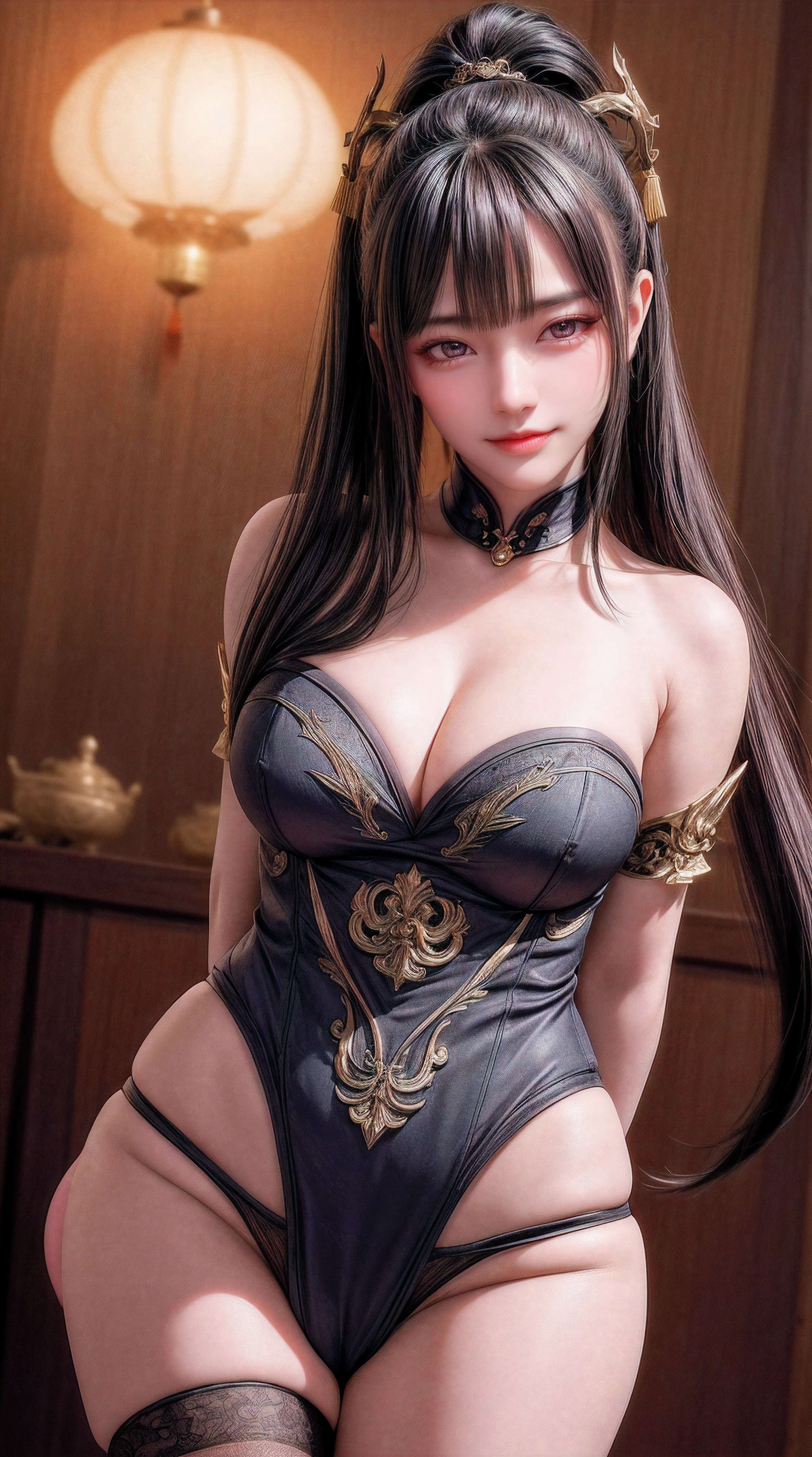 (from front:1.5),POV,China,Dark Big Oriental eyes,Black long hair gathered in a Chinese ponytail,metal shoulder,Blend of blue gold,white Pattern, Dragon Pattern,arms behind back,hands behind heads, black lence stockings,Strangle,smile,ultra high res, (photorealistic:1.4), raw photo,16K,dramatic lighting,