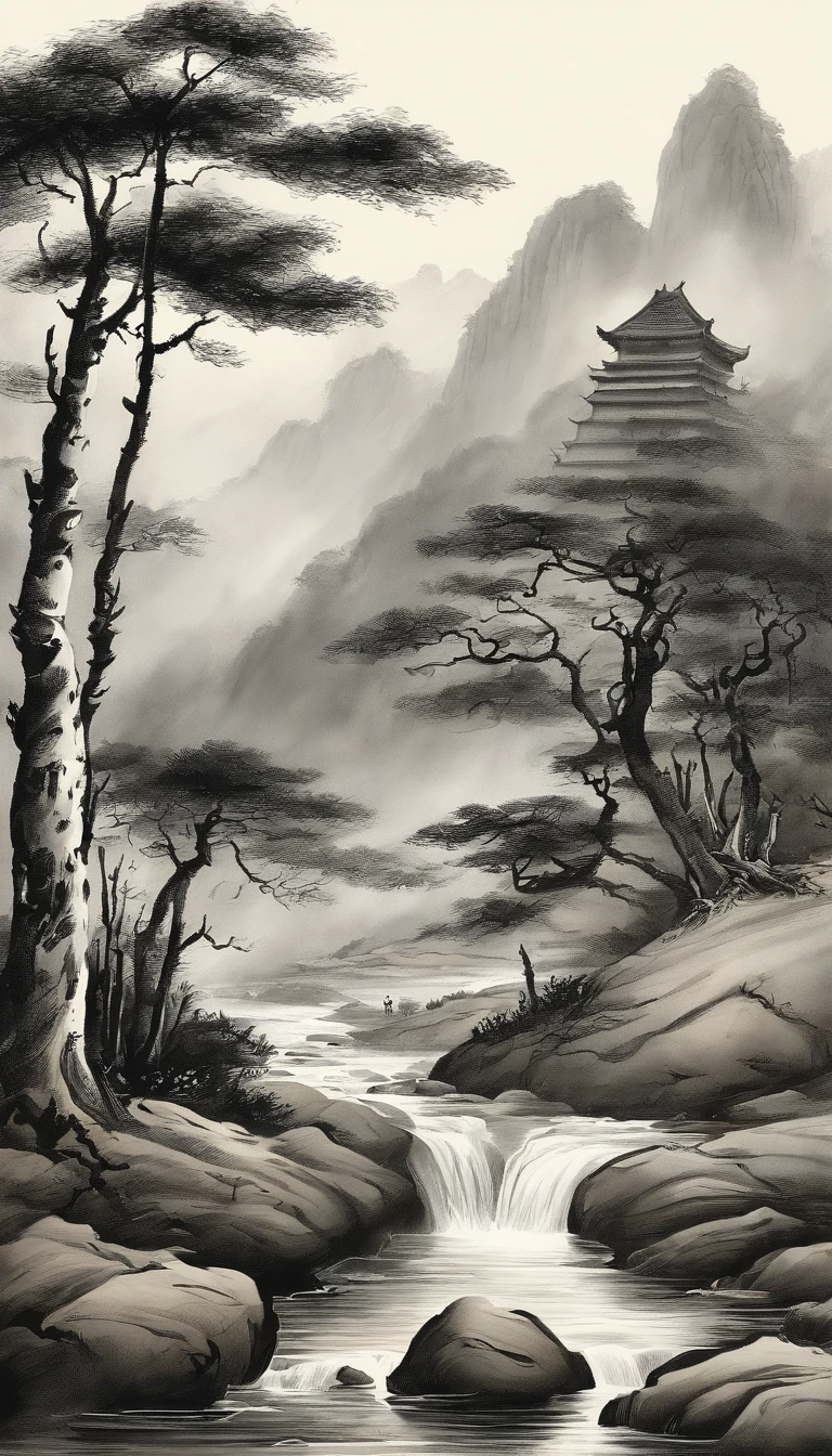 Chinese landscape painting,ink and watercolor painting,water ink,ink,Smudge,Faraway view,Ultra-wide viewing angle,Meticulous,Five cow diagram,Five scalpers,River side,Small Stone Bridge,grassy fields,The tree,The vista is a mountain,(8k wallpaper),(light and shadow effect),rendering by octane,White balance design,Extremely detailed picture depiction,wide angles,depth of fields,tmasterpiece,realisticlying,Beautifully depicted,A detailed,acurate,Works of masters,tmasterpiece