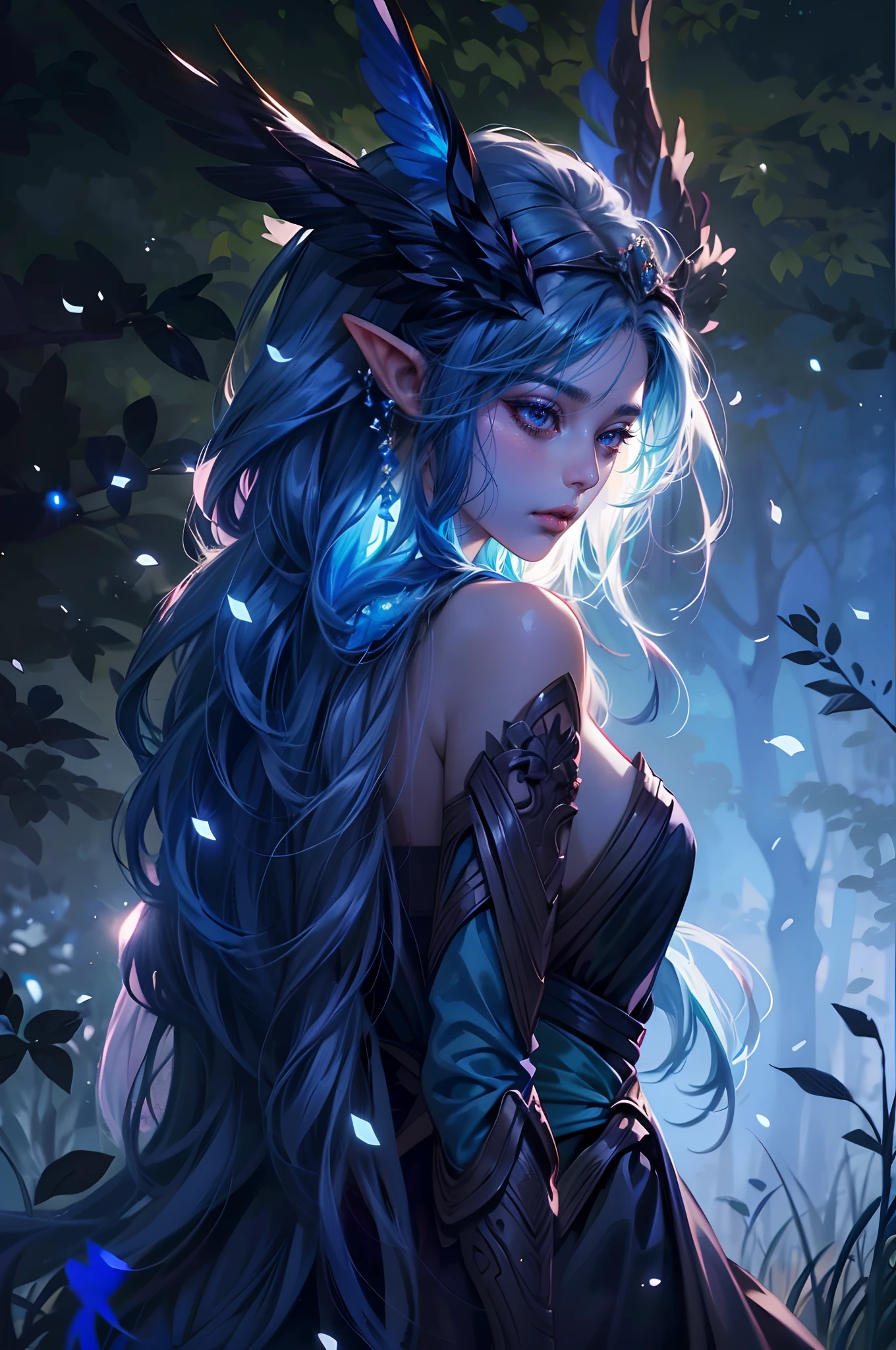 a woman with long hair and a blue dress standing in a forest, extremely detailed artgerm, fanart best artstation, detailed digital anime art, 8k high quality detailed art, anime fantasy artwork, epic fantasy art style, fantasy art style, advanced digital anime art, an elf queen, rossdraws sakimimichan, trending on artstation pixiv