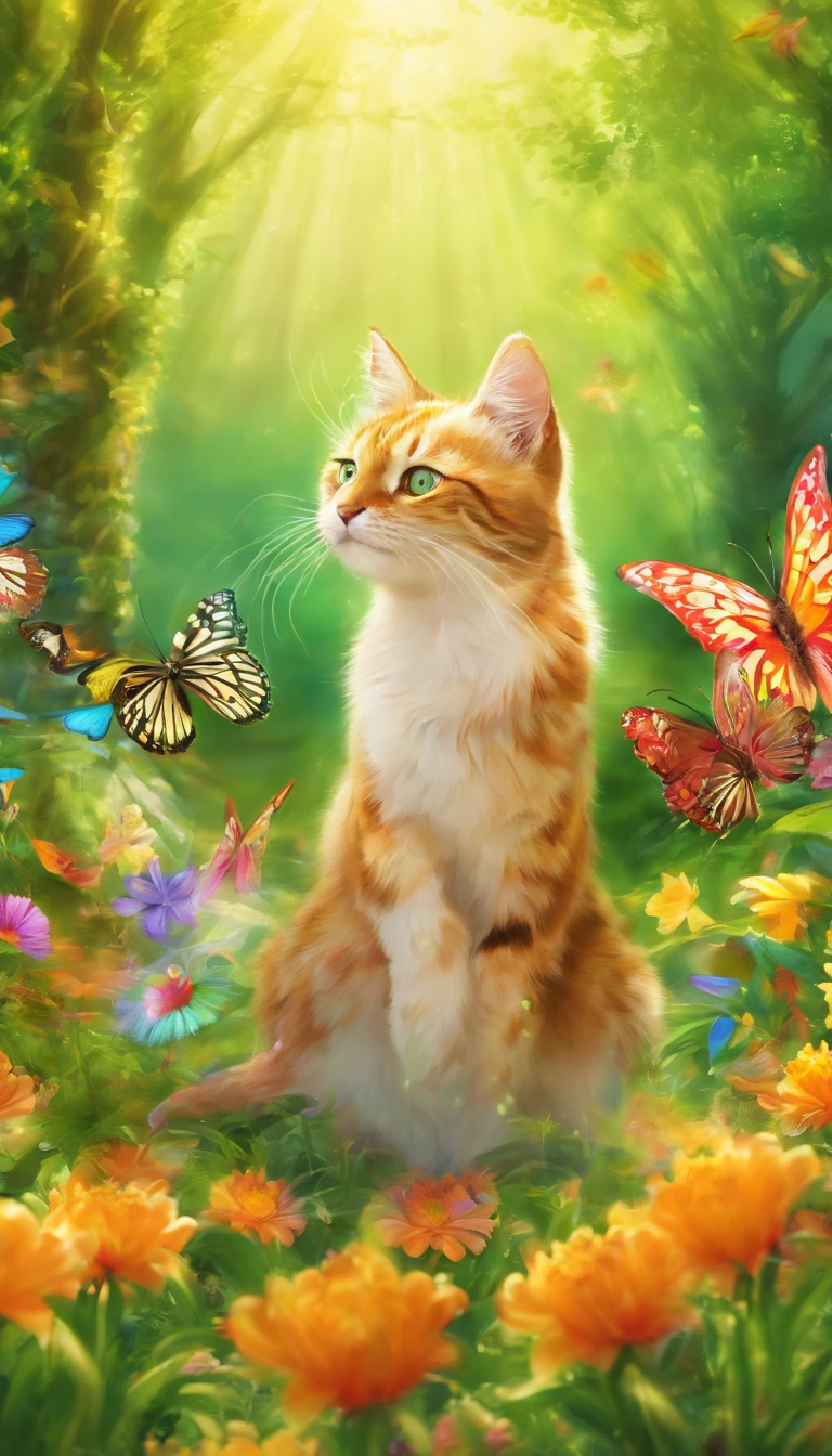 (best quality,4k,8k,highres,masterpiece:1.2),ultra-detailed,(realistic,photorealistic,photo-realistic:1.37), whiskers playfully pounces on colorful butterflies, sun-drenched park, vibrant colors, soft and warm sunlight, glowing flowers, lush green grass, shimmering butterfly wings, playful movements of whiskers, joyful atmosphere, sparkling light, whimsical scene, energetic and lively, lively park activity, delightful springtime, mesmerizing details, realistic portrayal of whiskers, captivating nature, cheerful and vibrant, delightful playfulness