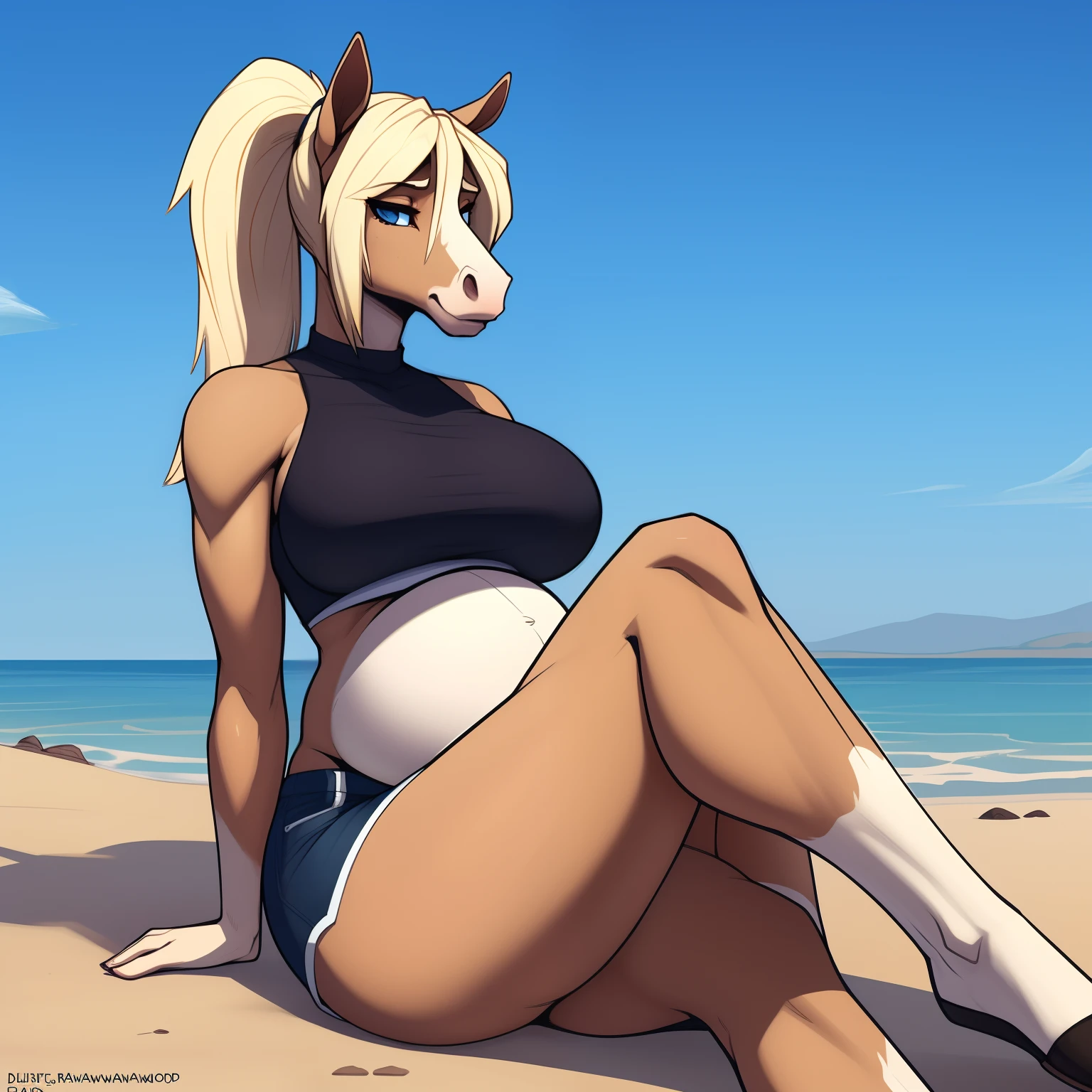 Tall_lanky_horse female blonde_mane short_tousled_ponytail light_faded_brown_furry_body blue_eyes embarrassed crop_top shorts horse_snout hooved_feet huge_breasts wide_hips pregnant solo Masterpiece best_quality absurdres highly_detailed cleanly_drawn_eyes anthro_only by_claweddrip, by_greasymojo, by_underscore-b, by_runawaystride