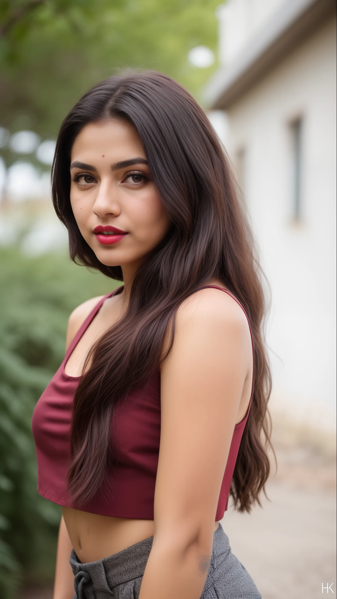 ((RAW, analog style)), face, extremely detailed full body color photo of a 25 y.o girl, beautiful face, beautiful eyes, ((small nose)), big natural lips, ((fabric crop top)), small breasts, slim body, outdoor, trees, ((film grain, skin details, high detailed skin texture, 8k hdr, dslr)), indian female model divya bharti, dark red lips, dark red lips, black color shorts