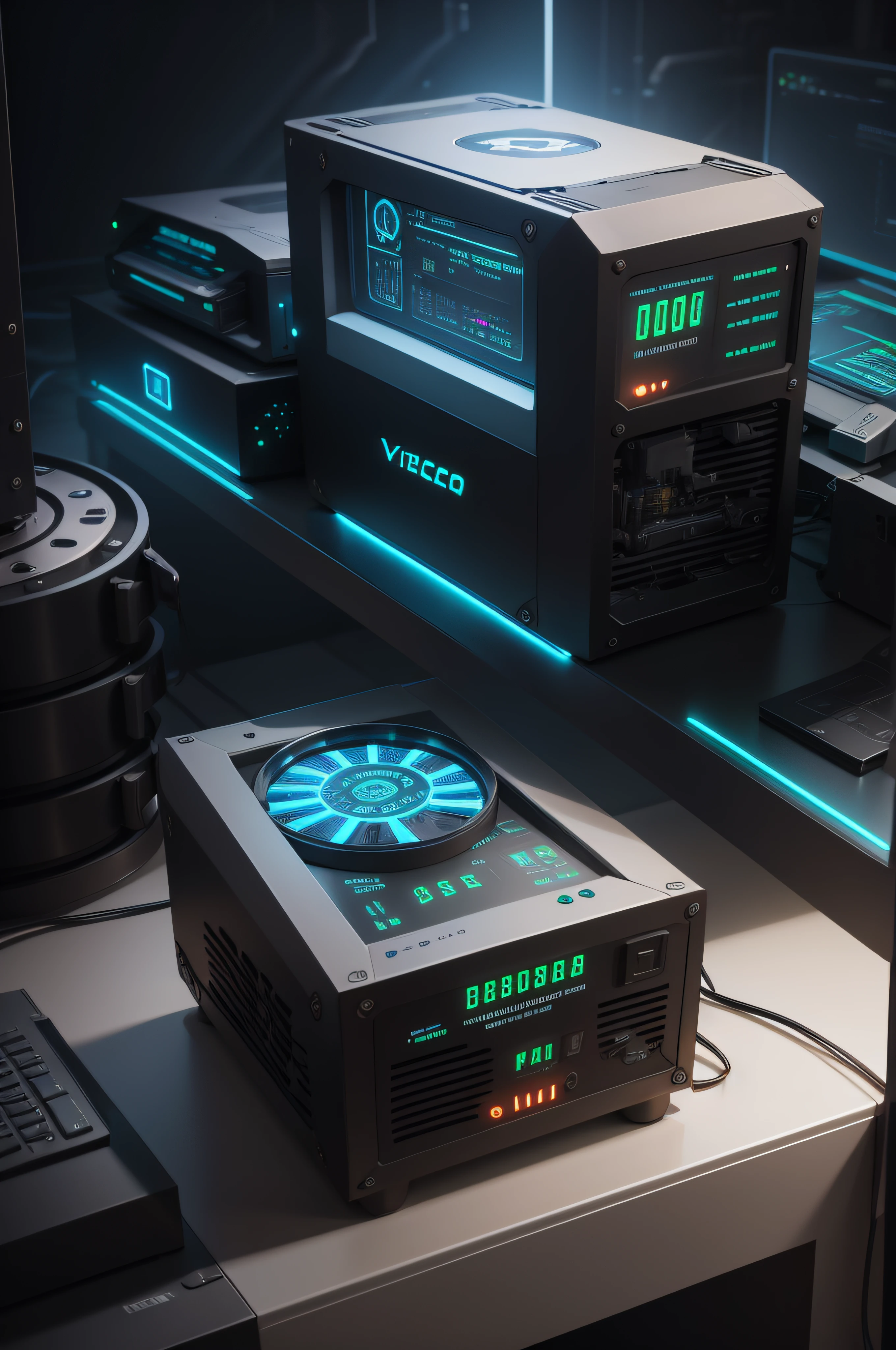 Modern and powerful mini cryptocurrency mining machine with futuristic digital indicators state-of-the-art cryptocurrency miner designed to operate in a futuristic and highly technological environment. vista frontal sin fondo