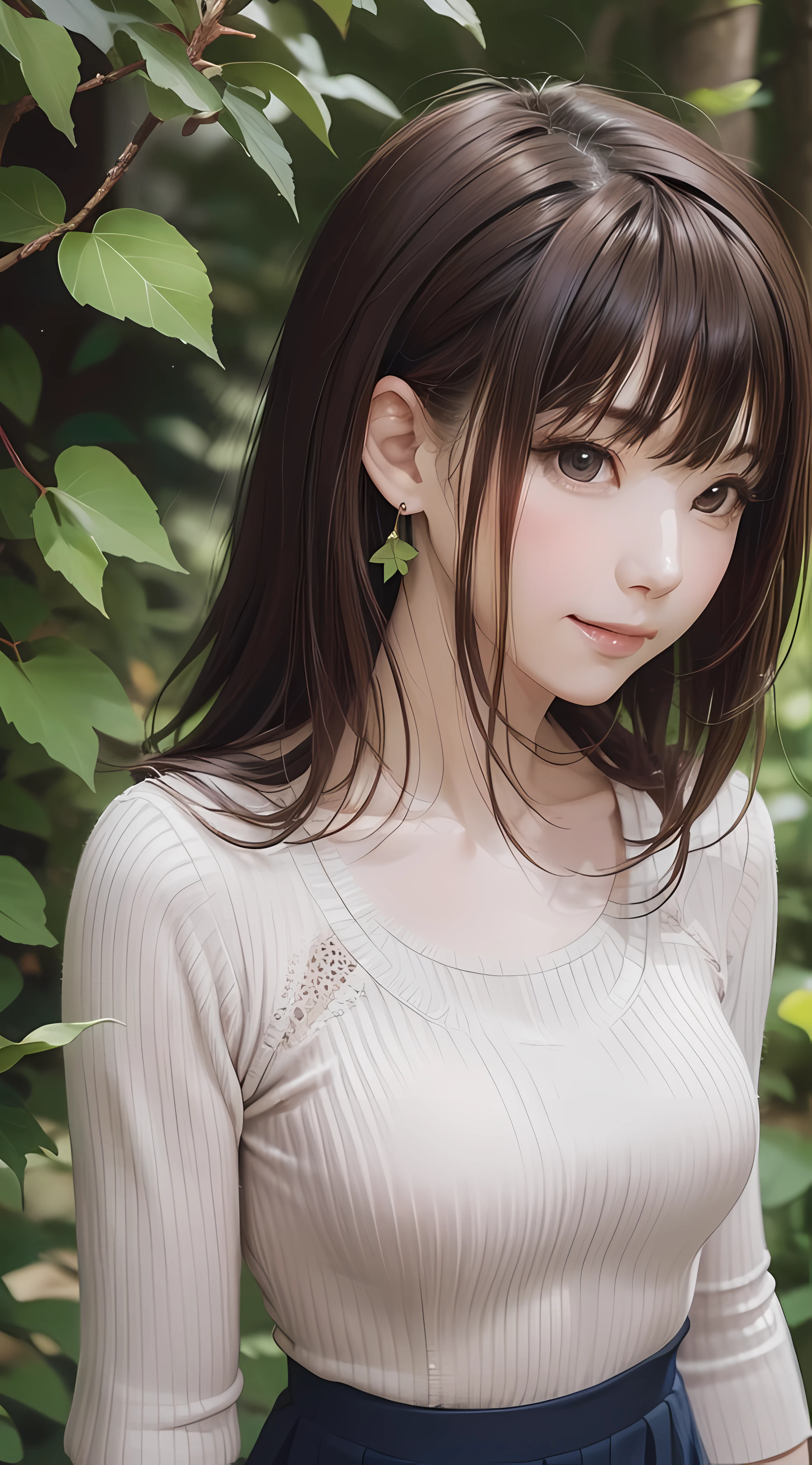 (1girl:1.3), (photorealistic:1.4), (masterpiece, top quality, best quality, official art), extreme detailed, highest detailed, (ultra-detailed), ((an extremely delicate and beautiful)), dappled sunlight,  falling dry leaves, contemporary, silky long hair, (brown hair), she Walking at the park, in evening, sweater, pleated skirt, Small leaves earrings, necklace, upper body, from above, shy, smile, wave hand, (looking back:1.4), 24 years old, narrow waist, wide shot