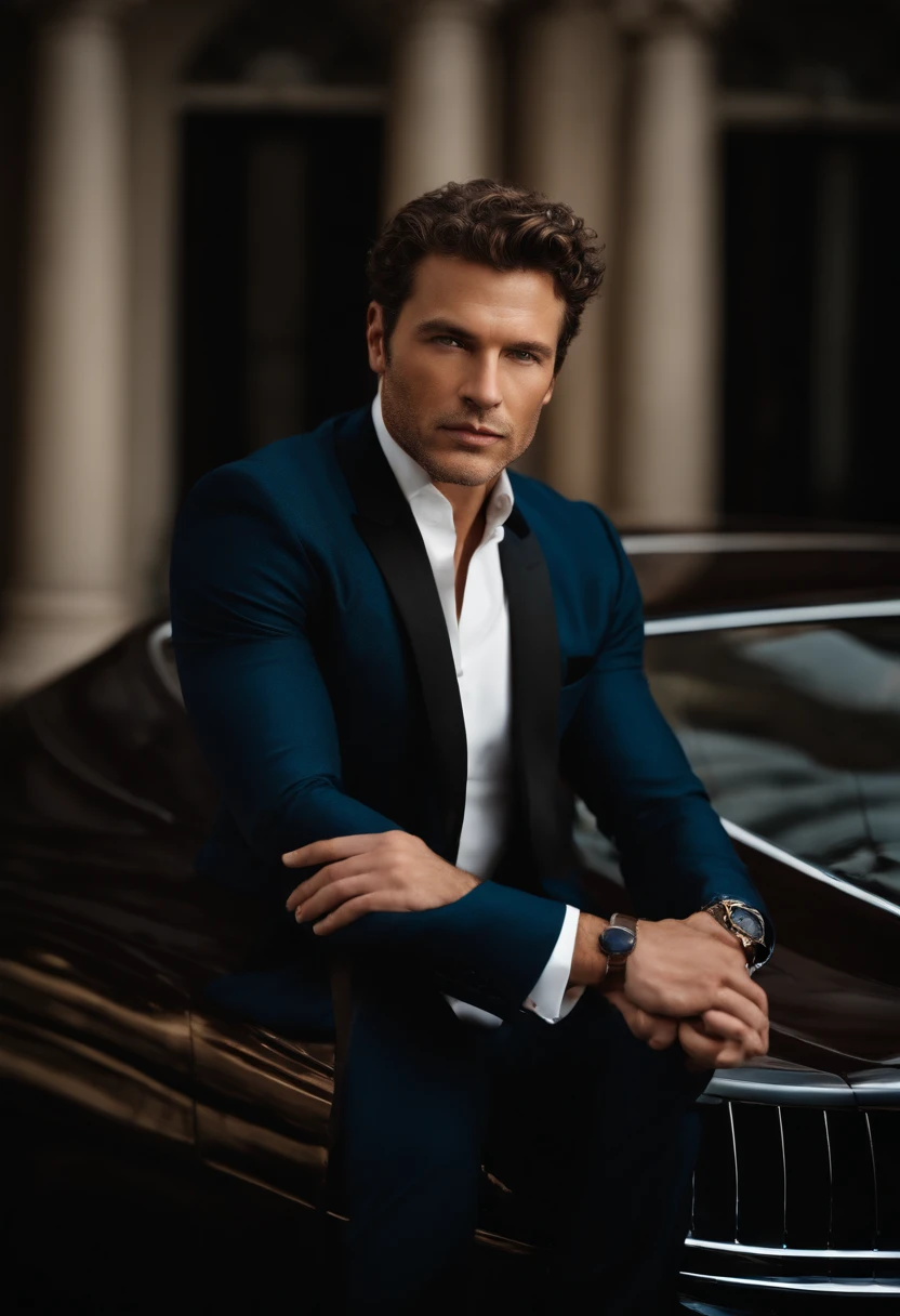 corps entier, wide-angle photo close-up portrait of the body of a handsome man , Grand et en forme, (40 ans:1.1), (shaven:1.2) , (very short brown hair and a little curly:1.5),(very short hair:1.6). (Tight suit in dark blue velvet:1.3). (posing outside the mansion with a luxury car:1.1),Cold and dark sunset at dusk, (Edge Light:1.1),(Concentrez-vous sur les yeux), (Regard fier), (hard light on the skin:1.2), (ombres dures, dark themed, Contraste profond:1.1), (photographie de portrait par Annie Liebovitz), Dark mint theme and choral aesthetics, (skin imperfections)
