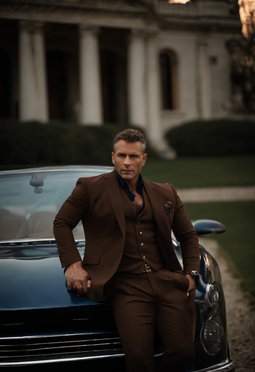 corps entier, wide-angle photo close-up portrait of the body of a handsome man , Grand et en forme, (40 ans:1.1), (shaven:1.2) , (very short brown hair and a little curly:1.5),(very short hair:1.6). (Tight suit in dark blue velvet:1.3). (posing outside the mansion with a luxury car:1.1),Cold and dark sunset at dusk, (Edge Light:1.1),(Concentrez-vous sur les yeux), (Regard fier), (hard light on the skin:1.2), (ombres dures, dark themed, Contraste profond:1.1), (photographie de portrait par Annie Liebovitz), Dark mint theme and choral aesthetics, (skin imperfections)