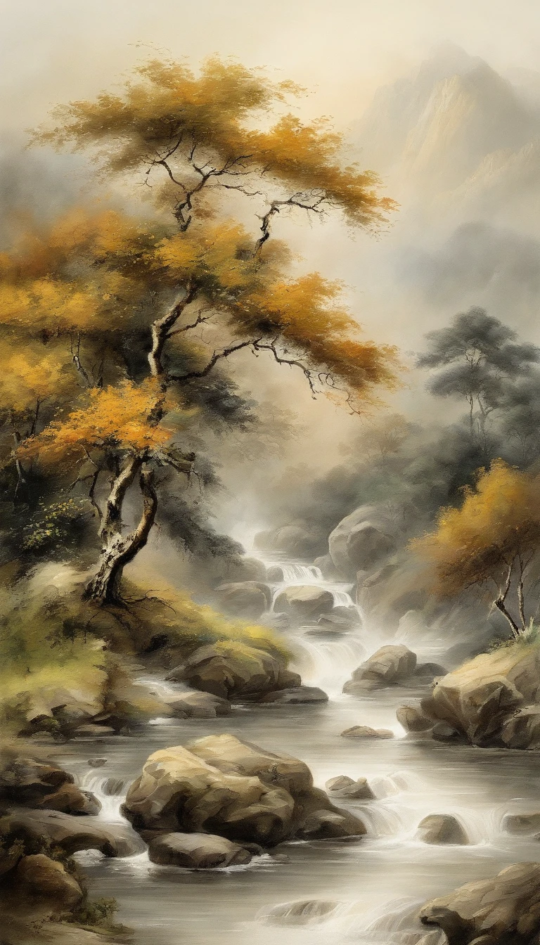 Chinese landscape painting,ink and watercolor painting,water ink,ink,Smudge,Faraway view,Ultra-wide viewing angle,Meticulous,Five cow diagram,(Five scalpers:1.3),River side,Small Stone Bridge,grassy fields,The tree,The vista is the mountains,(8k wallpaper),(light and shadow effect),rendering by octane,White balance design,Extremely detailed picture depiction,wide angles,depth of fields,tmasterpiece,realisticlying,Beautifully depicted,A detailed,acurate,Works of masters,tmasterpiece