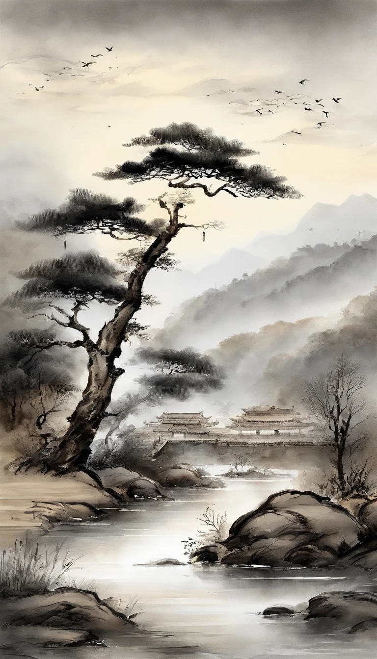 Chinese landscape painting,ink and watercolor painting,water ink,ink,Smudge,Faraway view,Ultra-wide viewing angle,Meticulous,Five cow diagram,(Five scalpers:1.3),River side,Small Stone Bridge,grassy fields,The tree,The vista is the mountains,(8k wallpaper),(light and shadow effect),rendering by octane,White balance design,Extremely detailed picture depiction,wide angles,depth of fields,tmasterpiece,realisticlying,Beautifully depicted,A detailed,acurate,Works of masters,tmasterpiece