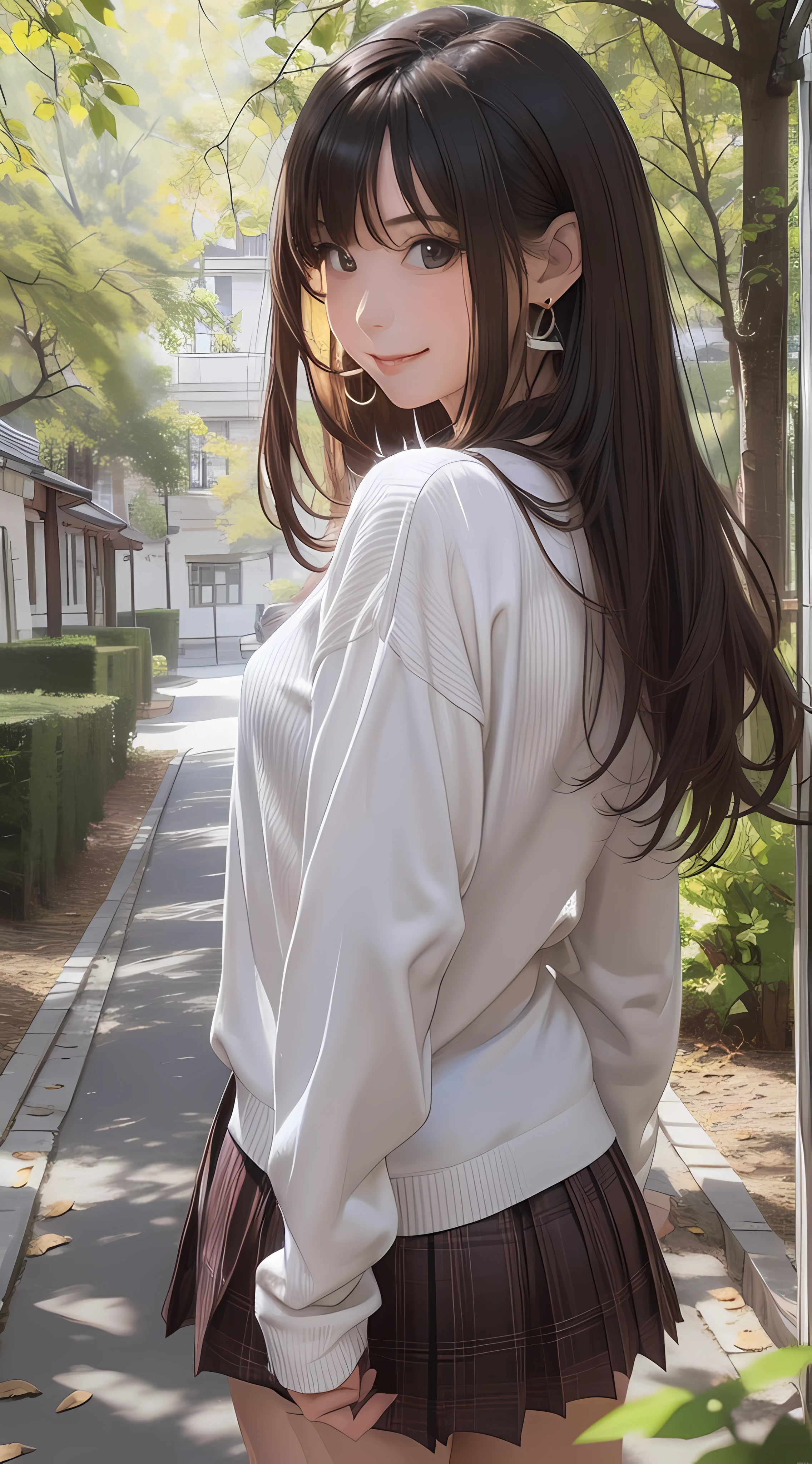 (1girl:1.3), (photorealistic:1.4), (masterpiece, top quality, best quality, official art), extreme detailed, highest detailed, (ultra-detailed), ((an extremely delicate and beautiful)), dappled sunlight, falling dry leaves, contemporary, silky long hair, (brown hair), she Walking at the park, in evening, sweater, pleated skirt, Small leaves earrings, necklace,, upper body, from above, shy, smile, wave hand, (looking back:1.4), 24 years old, narrow waist, wide shot, dynamic angle