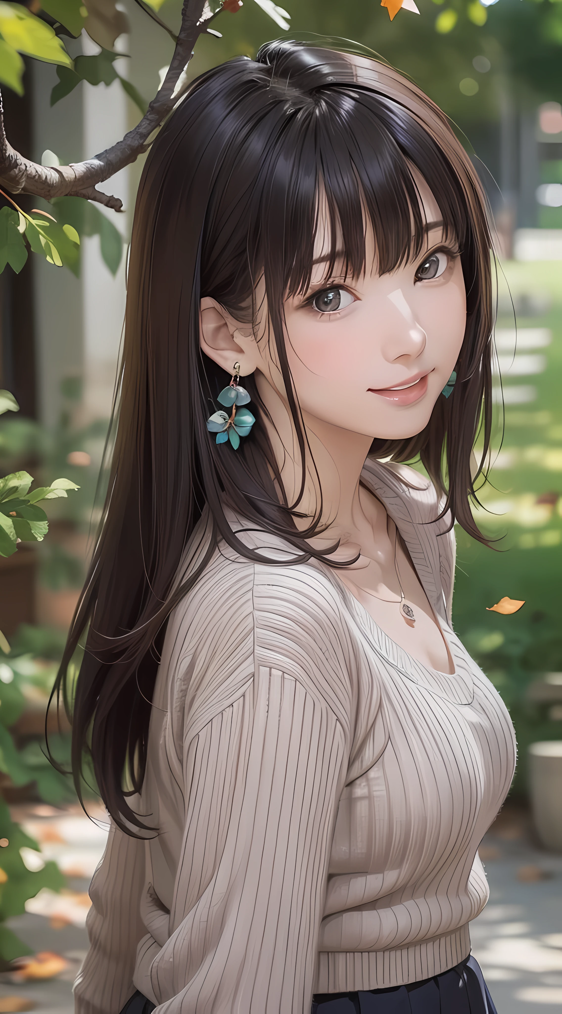 (1girl:1.3), (photorealistic:1.4), (masterpiece, top quality, best quality, official art), extreme detailed, highest detailed, (ultra-detailed), ((an extremely delicate and beautiful)), dappled sunlight, falling dry leaves, contemporary, silky long hair, (brown hair), she Walking at the park, in evening, sweater, pleated skirt, Small leaves earrings, necklace,, upper body, from above, shy, smile, wave hand, (looking back:1.4), 24 years old, narrow waist, wide shot, dynamic angle