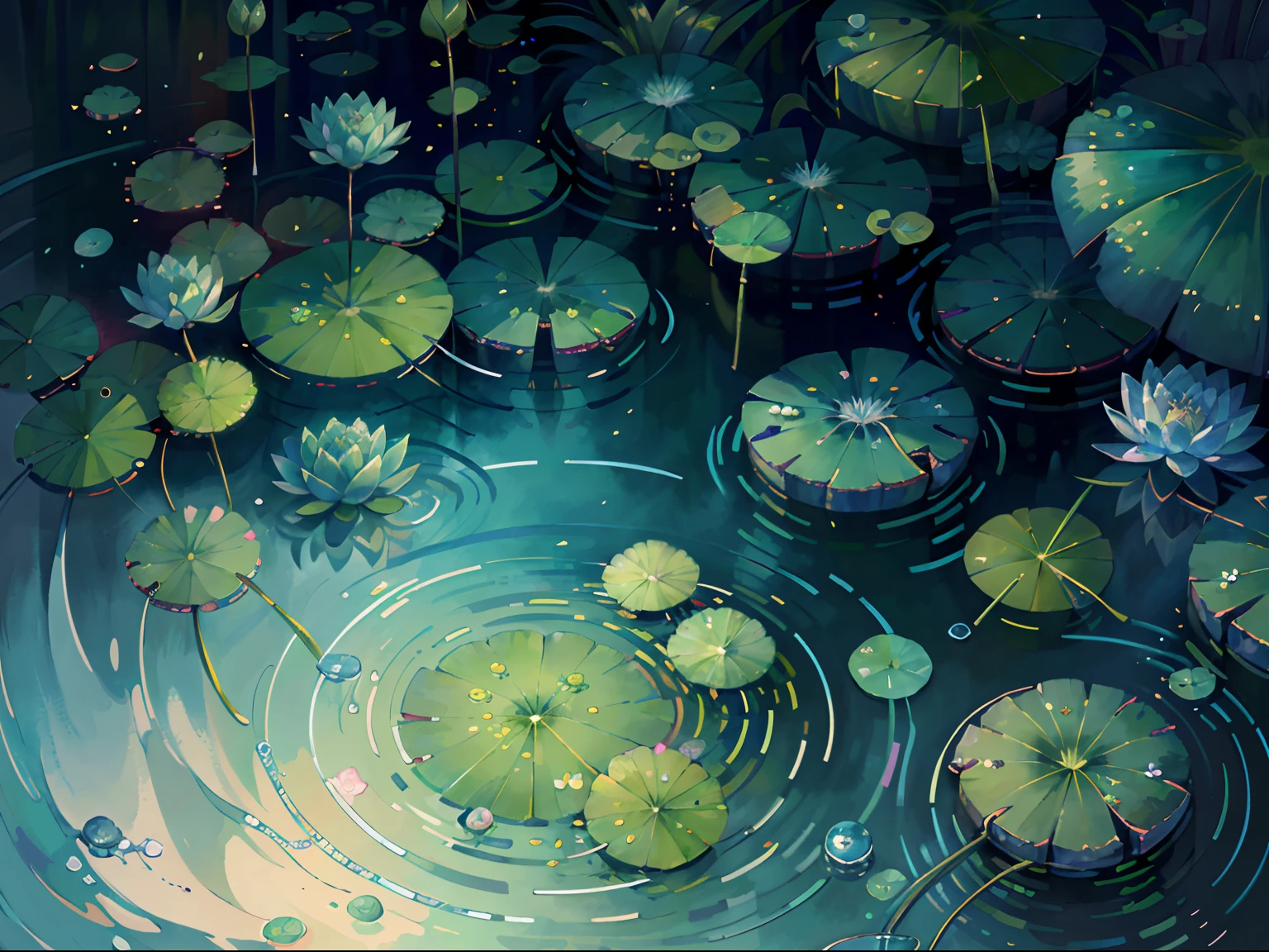 Original,(illustratio:1.1),(best qualtiy),(tmasterpiece:1.1),(the Extremely Detailed CG Unity 8K Wallpapers),(a color:1.2),water lilies,Water lily petals,scenecy,rios|Wagas, a cute frog