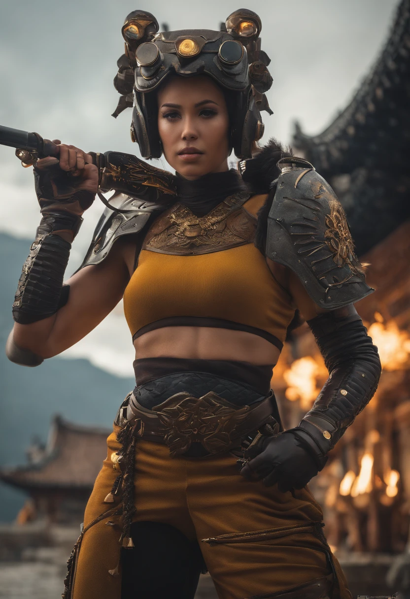 Monge Shaolin com metralhadora pesada Gatling，usando batina，The expression is gentle，The background is deep mountains and ancient forests，estilo cyber punk，A high resolution，adicionar detalhes，Diagrama de meio corpo