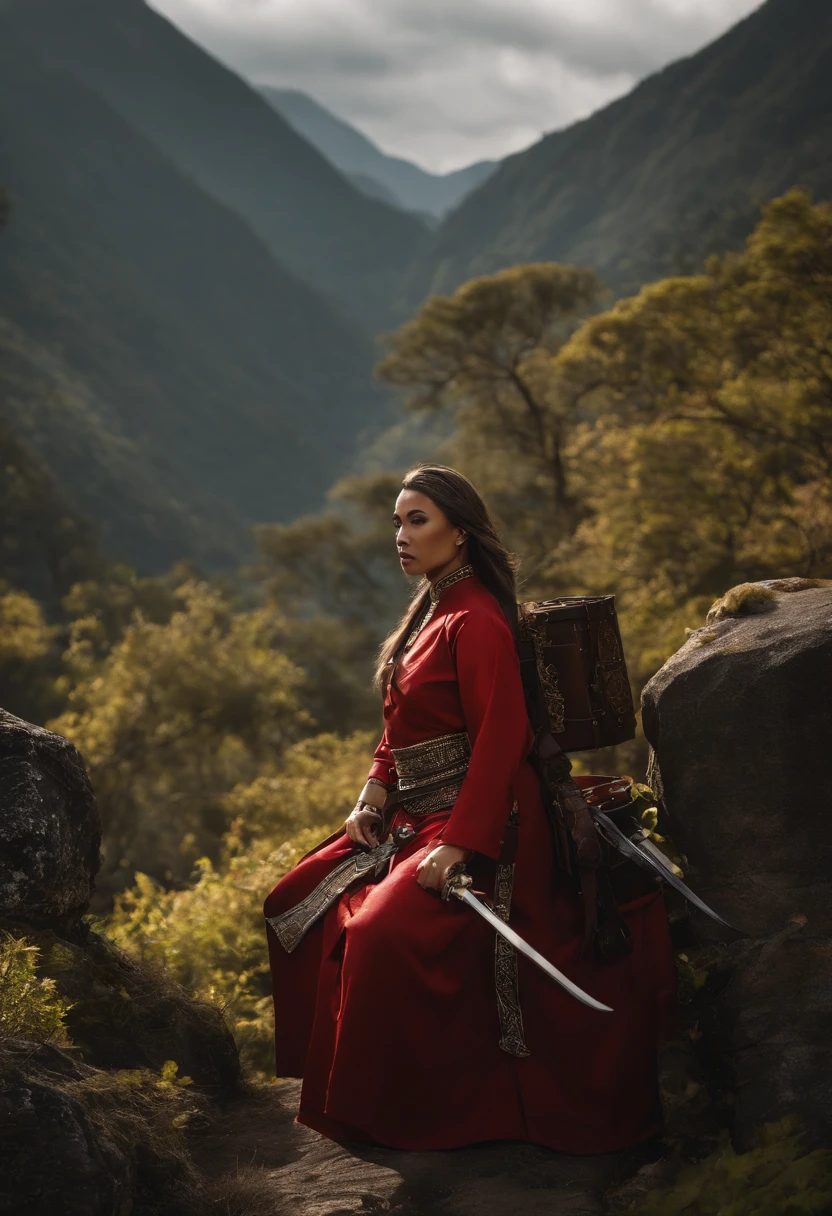 Monge Shaolin com metralhadora pesada Gatling，usando batina，The expression is gentle，The background is deep mountains and ancient forests，estilo cyber punk，A high resolution，adicionar detalhes，Diagrama de meio corpo