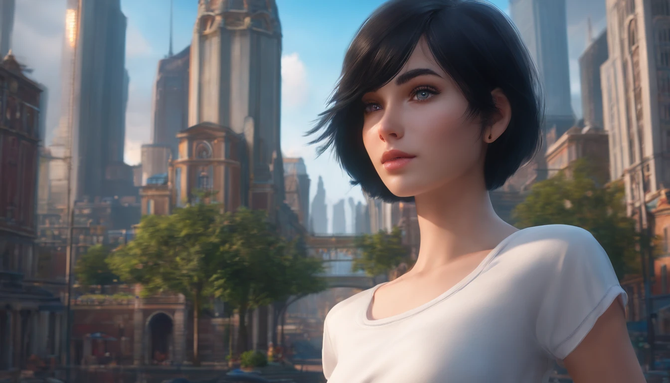 1girl, short black hair, blue eyes, wearing plain white shirt, denim shorts, city, absurdres, high res, ultrasharp, 8K, masterpiece, looking at viewer