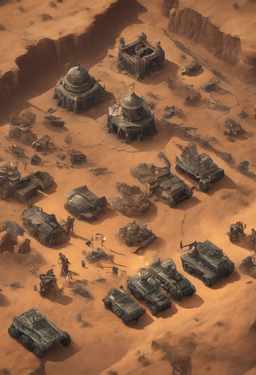 Abraham, A hero with a strong army, face to face with the four Great Kings, Realistic, 8K, post apocalyptic world, Wastelands and Red Canyons, вселенная mad max, Ultra: Realistic satellite image, Different machines from Mad Max