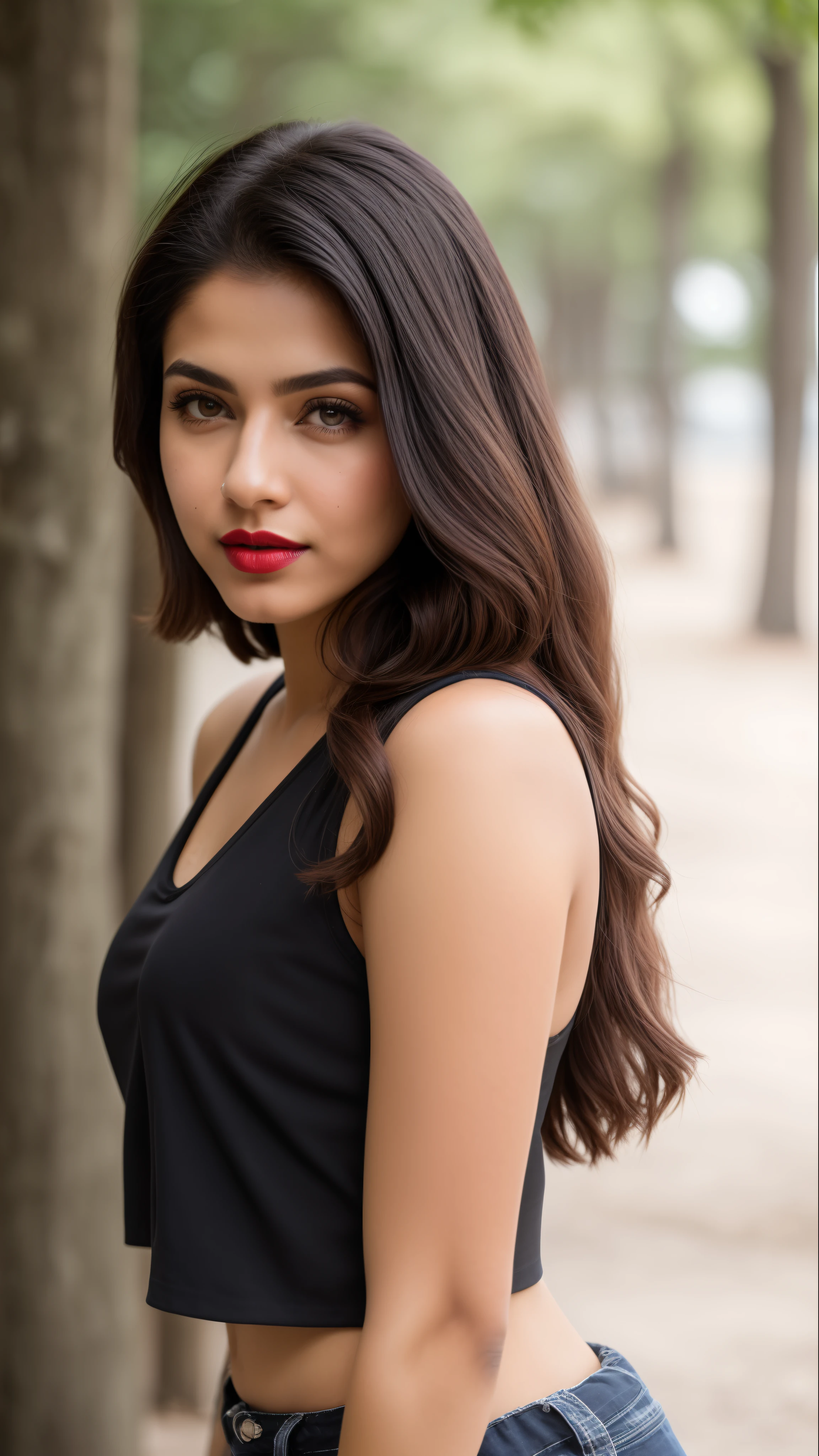 ((RAW, analog style)), face, extremely detailed full body color photo of a 25 y.o girl, beautiful face, beautiful eyes, ((small nose)), big natural lips, ((fabric crop top)), small breasts, slim body, outdoor, trees, ((film grain, skin details, high detailed skin texture, 8k hdr, dslr)), indian female model divya bharti, dark red lips, dark red lips, black color shorts