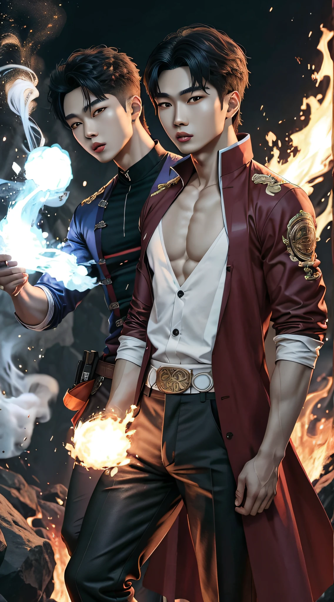 Two 20-year-old white-skinned Korean twin men, musculosos, gelo e fogo, com peitoral amostra, com decote em V, roupas de pirata, musculoso em uma escola de magia, mago do fogo, mago do gelo, gelo, Magia do Gelo, wearing classic clothes, Kpop, Kpop idols. Apply filter to enhance fire and enhance ice, RossDraw. Apply filter to highlight. o gelo. twins. Chinese βmale likeness