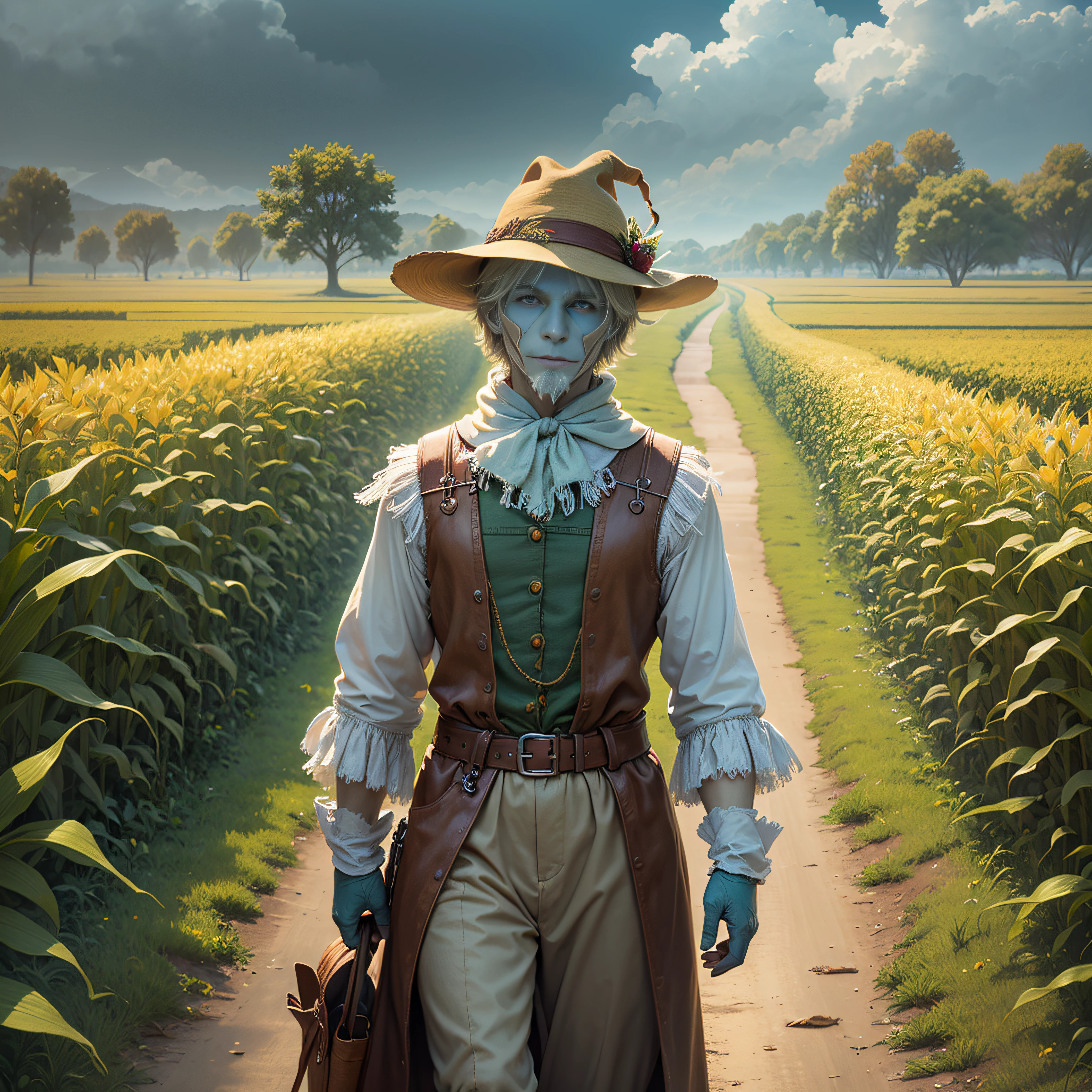 wizard of oz golden road, friendly male scarecrow standing tall in the cornfield, its eyes blue,