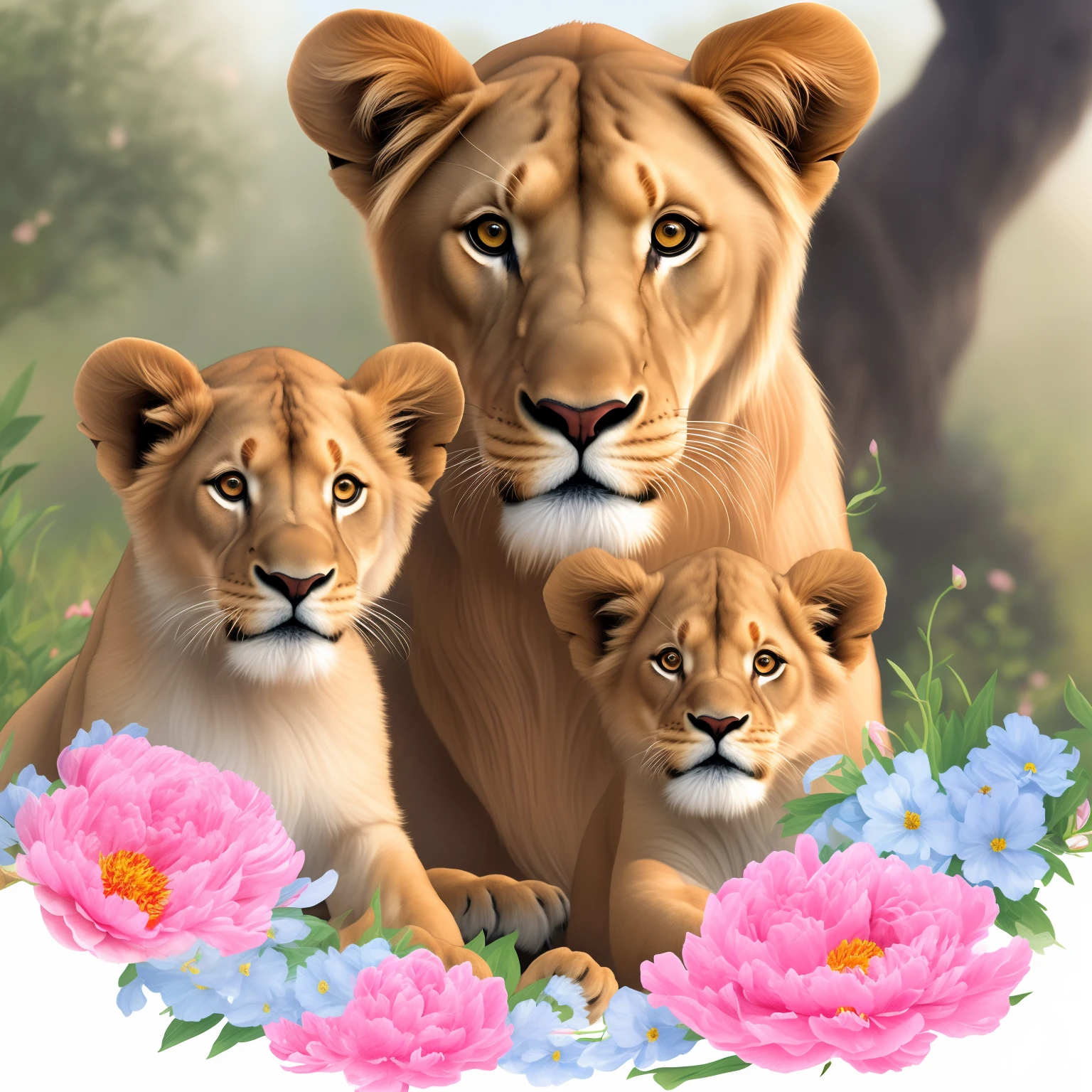 Three lions sitting together in the grass with flowers,Peony decoration,(Best Quality,hight resolution,Ultra-detailed),Peonies,leaves,Flowers,Peony decoration,(Best Quality,hight resolution,Ultra-detailed),Peonies,leaves,Flowers, lions, detailed beautiful animals, Wildlife illustration, lioness, Beautiful artistic visualization, realistic illustration, digitalpainting, full color digital illustration, ultrarealistic illustration, Majesty, amazing art, Realistic scene, Detailed, realisti, beutiful, lava, Lisa Parker, full color illustration, puppy, .highly realistic, close portrait, a family portrait