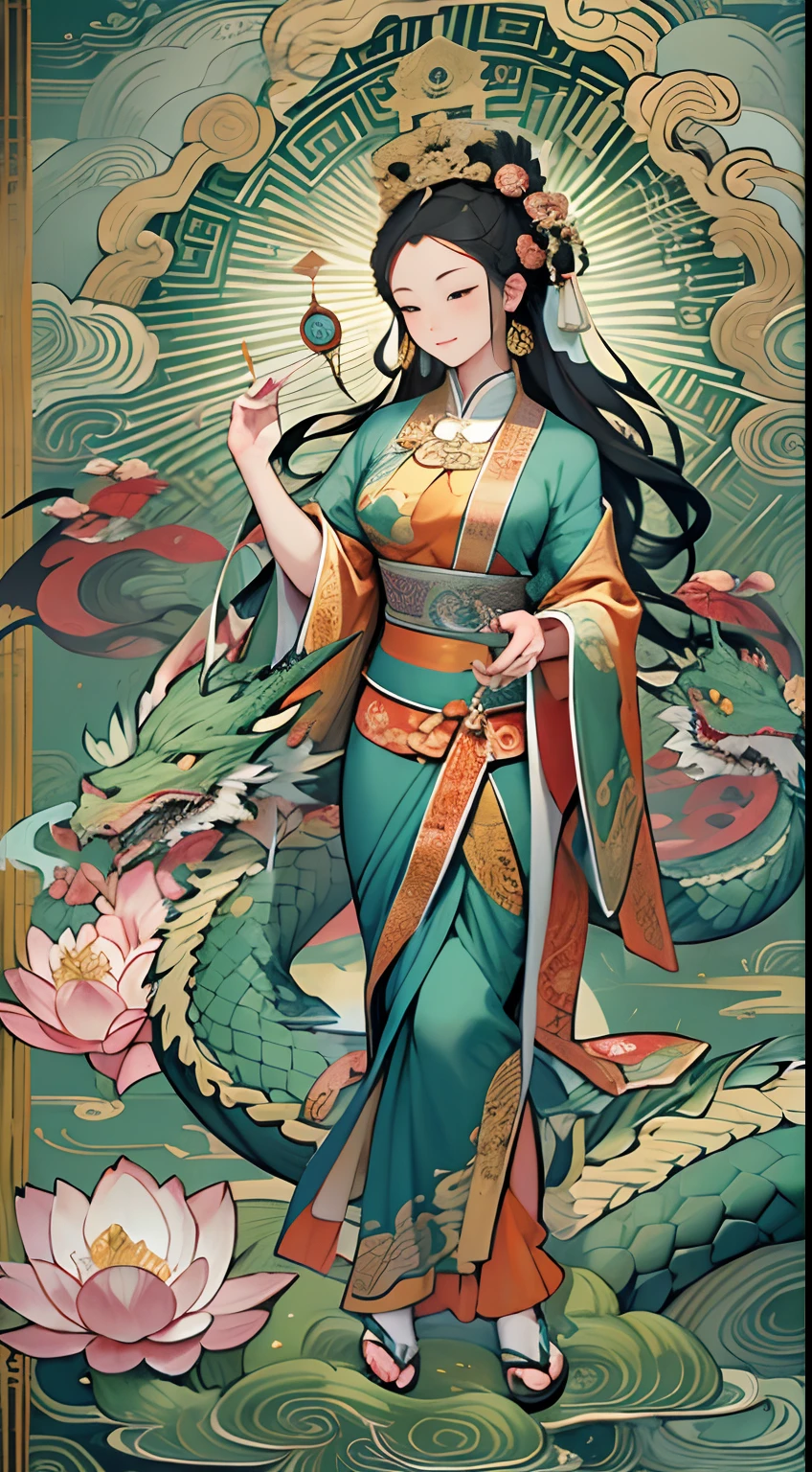 an ancient Chinese goddess, guanyin of the southern seas, Guanyin, Inspired by India, Avalokiteshvara rides a dragon,,Serene expression,shui mo hua,Buddha,Buddhist,Lotus,Chinese painting style,Thangka style