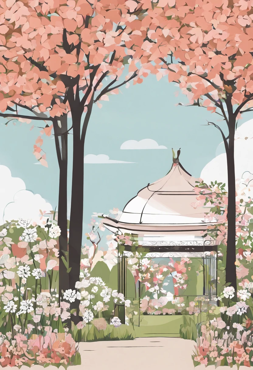 Jardim florido, seen from the right angle, cheio de tulipas, Dandelions and fruit trees, ao centro um Gazebo, em volta uma pequena cerca branca, Foco suave, granulation of 1.82, fechamento da lente de 1.2,,