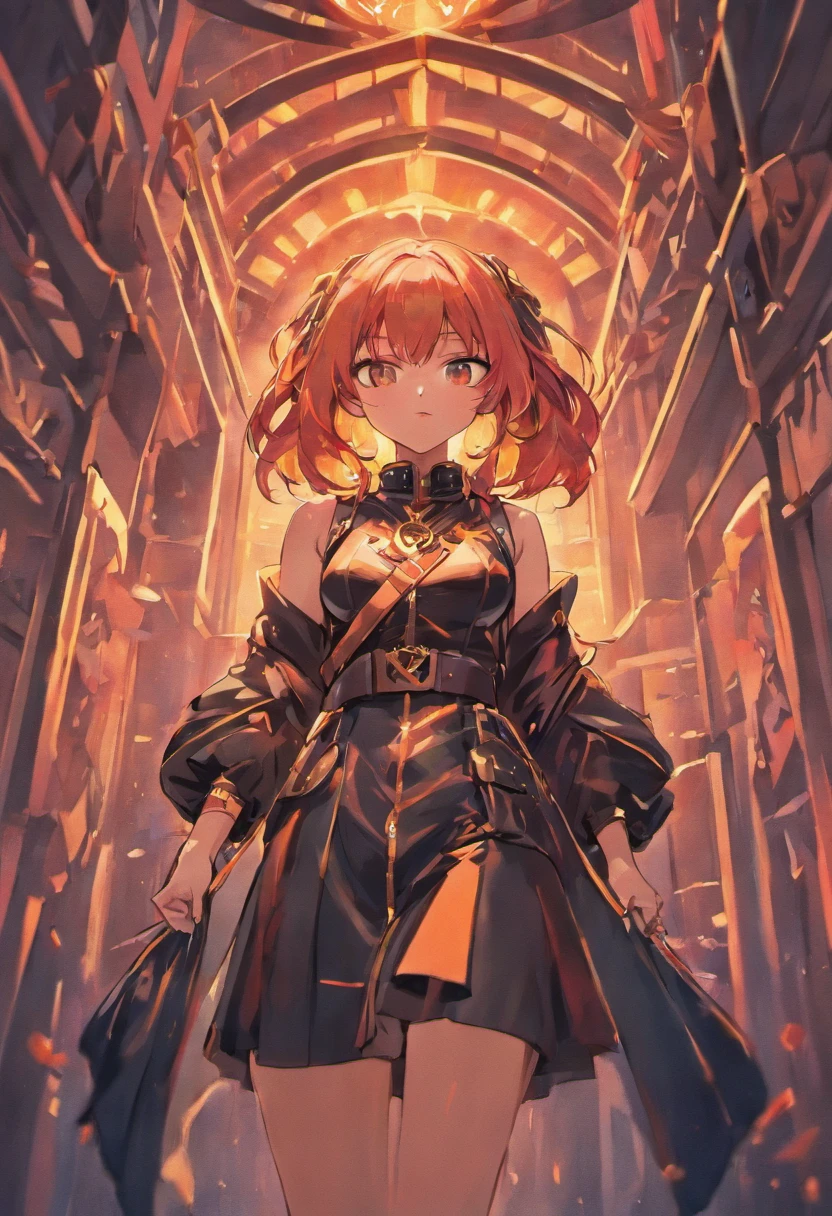 ((Red-haired girl in a dress wrapped in chains)), ((wearing a noble robe)), ((Bobcut)), ((full body black and red longcoat)), Anime full body illustration white background