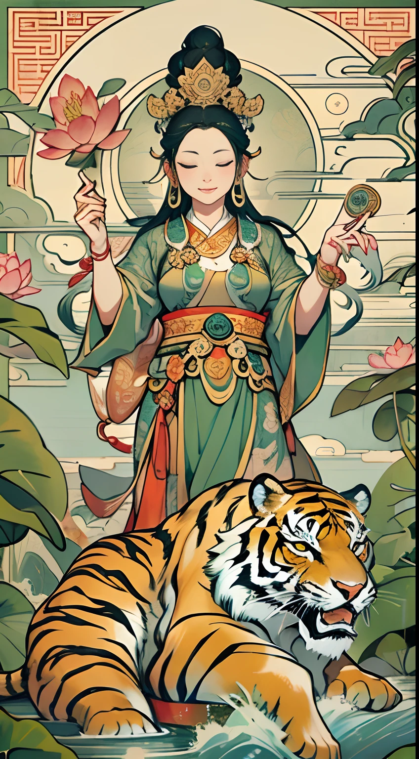 an ancient Chinese goddess, guanyin of the southern seas, Guanyin, Inspired by India, Avalokiteshvara rides a tiger,,Serene expression,shui mo hua,Buddha,Buddhist,Lotus,Chinese painting style,Thangka style