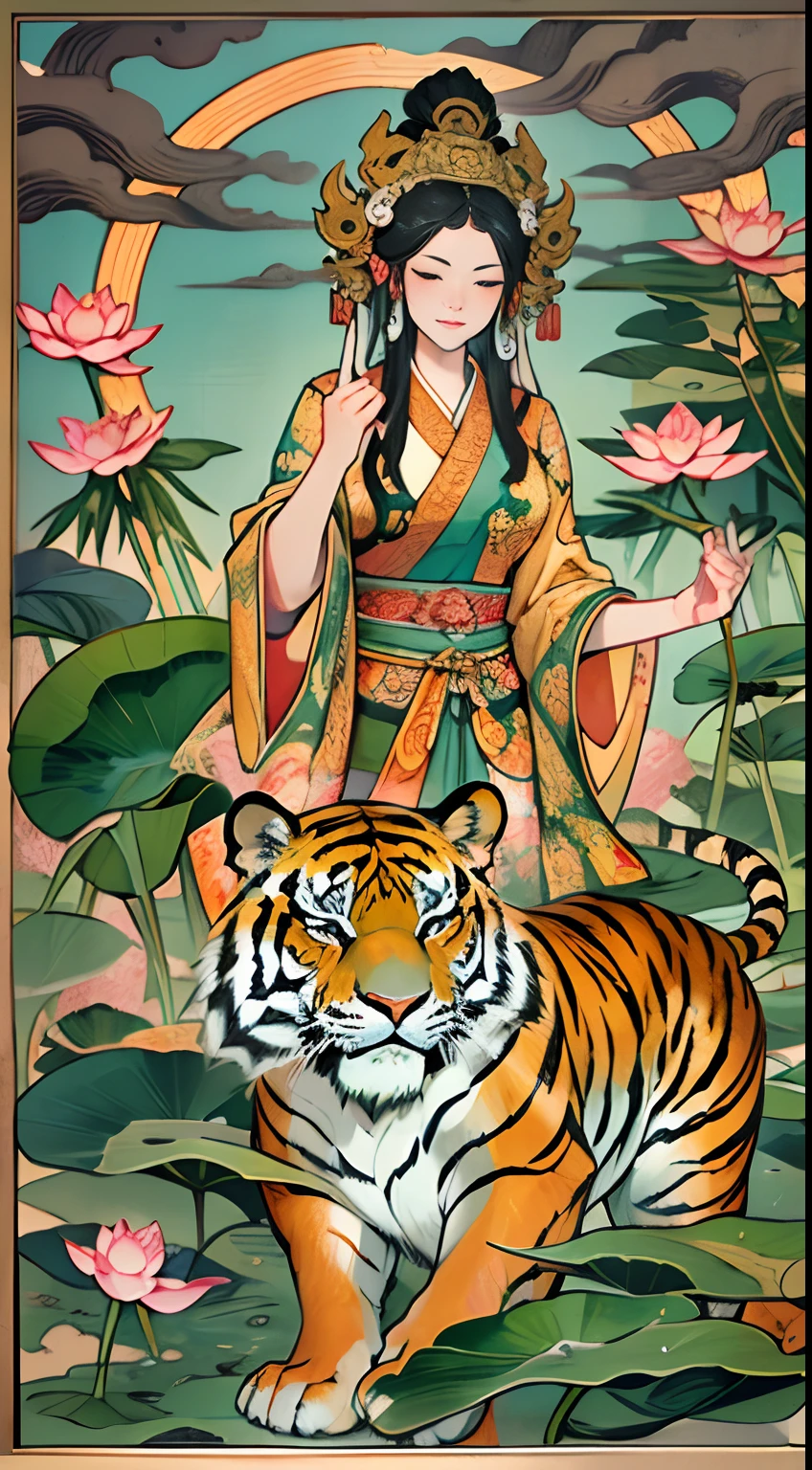 an ancient Chinese goddess, guanyin of the southern seas, Guanyin, Inspired by India, Avalokiteshvara rides a tiger,,Serene expression,shui mo hua,Buddha,Buddhist,Lotus,Chinese painting style,Thangka style