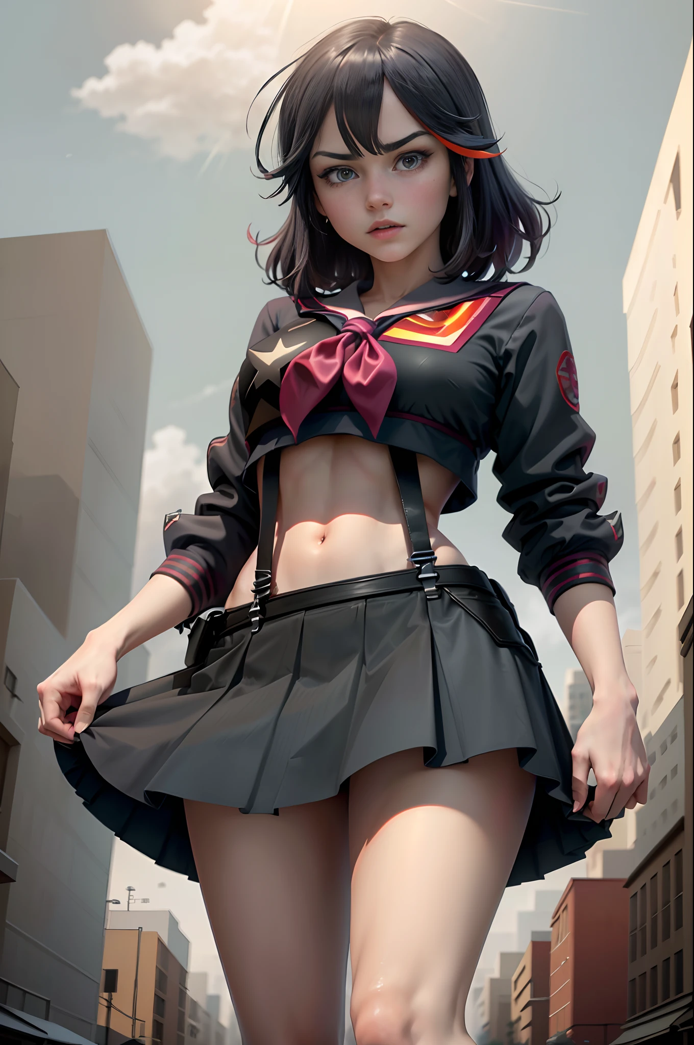 beautiful, masterpiece, best quality, extremely detailed face,  perfect lighting, giantess, 1girl, solo,  matoi ryuuko, school uniform, black serafuku, suspender skirt, walking, cowboy shot