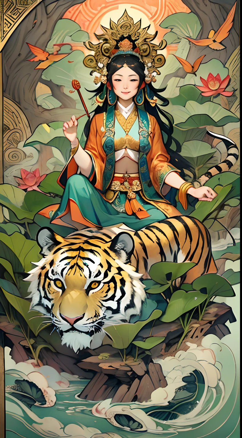 an ancient Chinese goddess, guanyin of the southern seas, Guanyin, Inspired by India, Avalokiteshvara rides a tiger,,Serene expression,shui mo hua,Buddha,Buddhist,Lotus,Chinese painting style,Thangka style