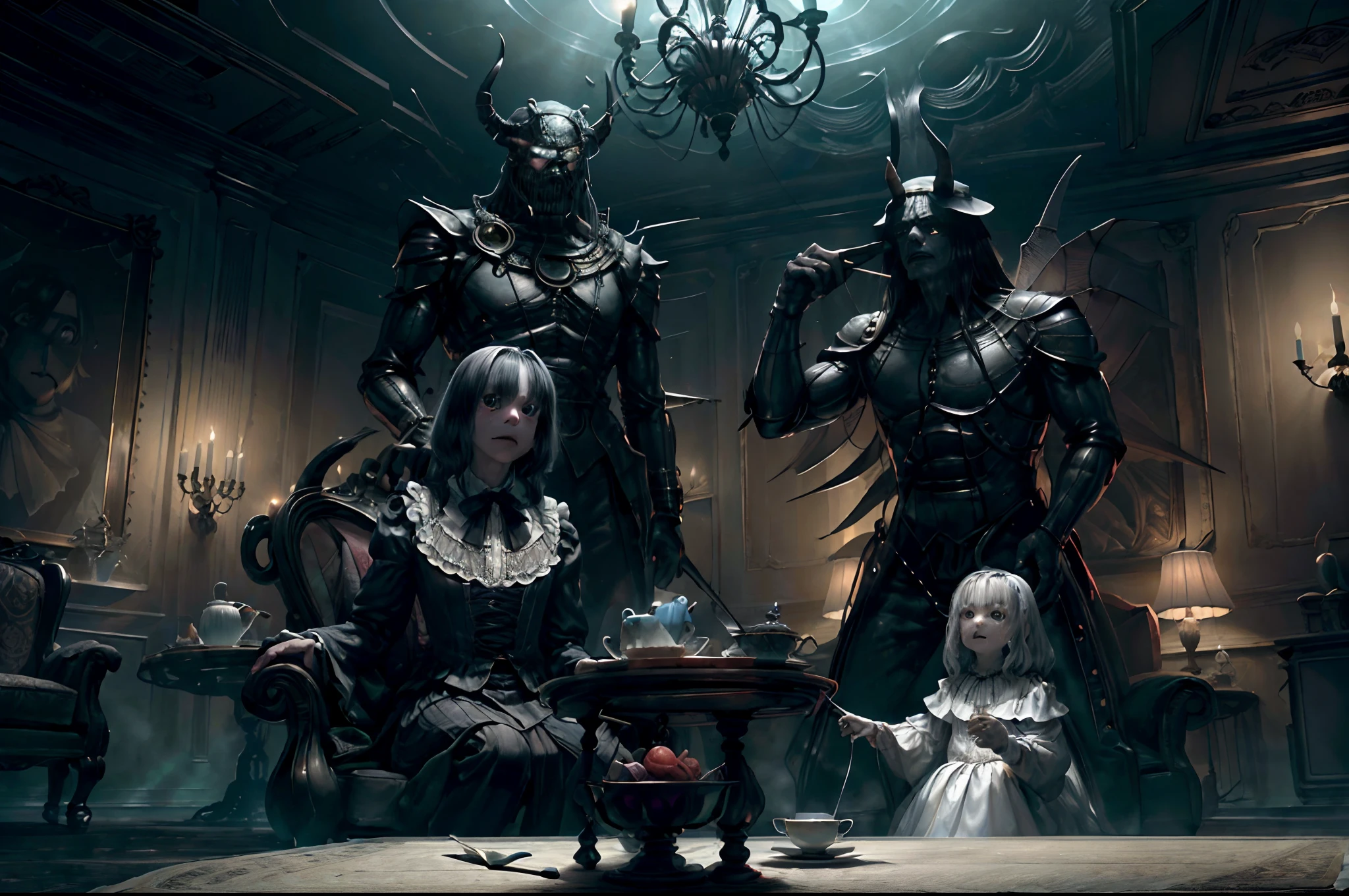 ESTA IMAGEM, Captured through a 35mm lens, presents a dreamlike concept of a living room at night. The white table glows under the soft night lighting, while two female demons, wearing greyish and translucent servant costumes, serve a feast for the demon Hatter. A cena, ultrarrealista |, highlights the pallor and surreal expressions of the little servants. A fotografia exala uma atmosfera misteriosa e lembra o trabalho de Diane Arbus, capturando o bizarro e o intrigante com maestria. --V 5 --Estilizar 1000, pesadelo, The Wonderland Hatter and two teenage girls, transparente, acirrilhado, pale, NSFW