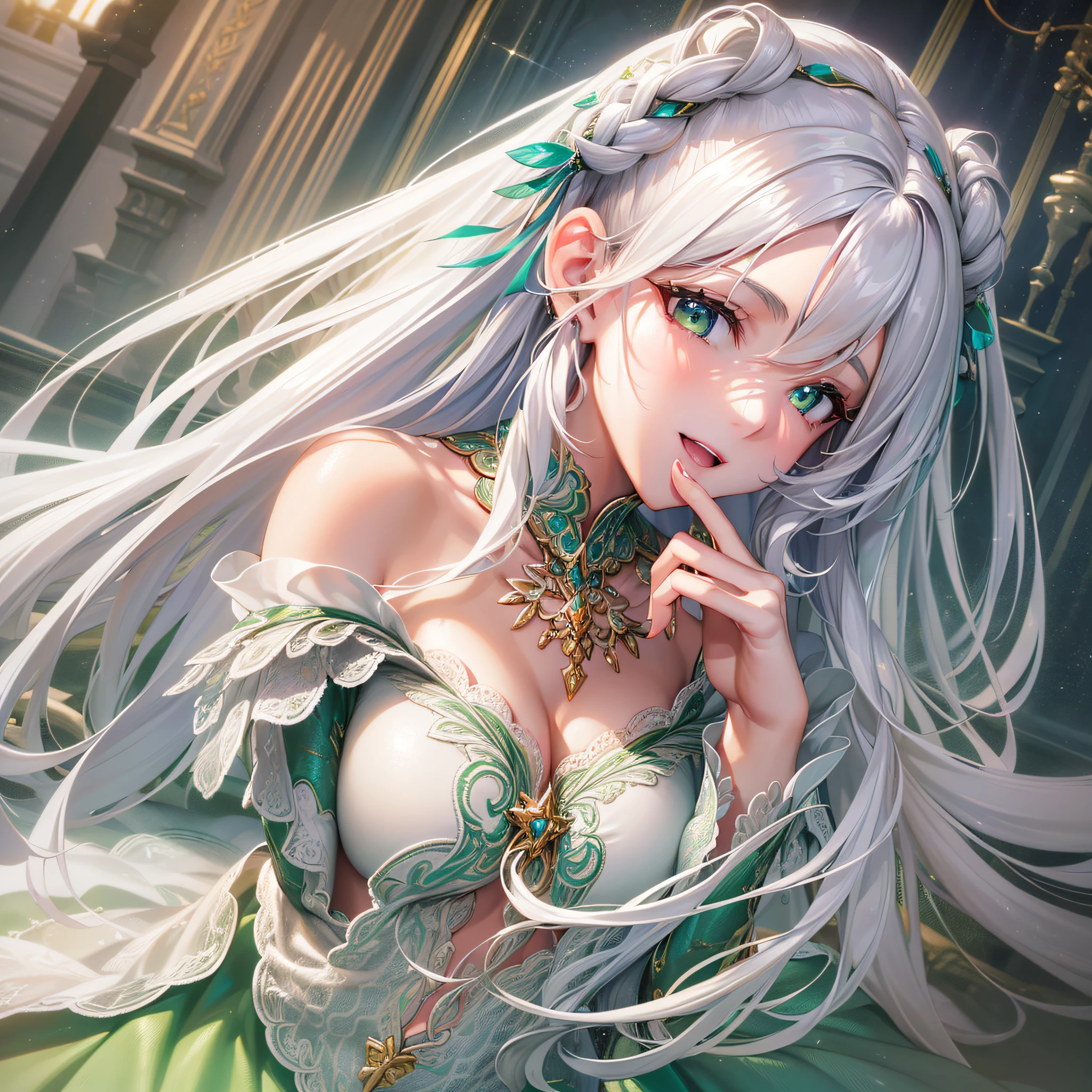 (Highly detailed CG Unity 8k wallpaper, masterpiece, top quality) (Perfectly proportioned hands with one thumb and four fingers) (Adult woman in her early twenties wearing a pure white wedding dress with dense lace) (Shiny silver hair, long hairstyle) Perfect body Golden ratio (shiny emerald green eyes) Smile