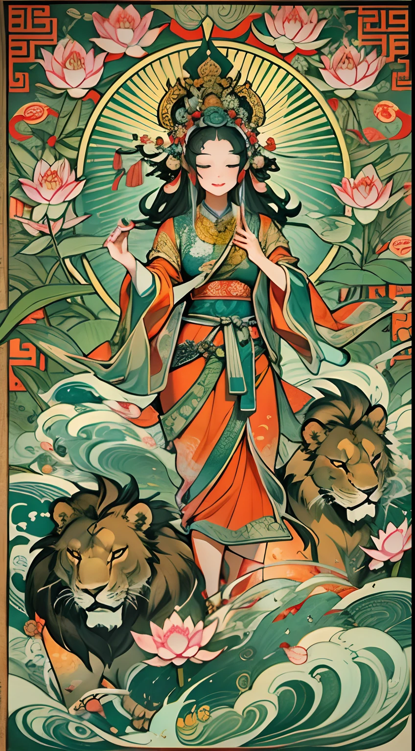 an ancient naked Chinese goddess, naked guanyin of the southern seas, Inspired by India, Avalokiteshvara rides a big tiger,,Serene expression,shui mo hua,Lotus,Chinese painting style,Thangka style, nsfw, red pubic hair {{Teenage naked female, caucasian, hundreds of naked girls, many naked girls, crowd shot}}, looking at viewer, hazel eyes, extremely detailed, crowd of naked girls, happy, best quality(Full body photo),Show shoes,A high resolution,ultra - detailed),revealing breasts,Bare genitalia, Lower body elevation,Raised sexy,Flushed complexion,golden armor,frontage, (nsfw:1.5), big tiger