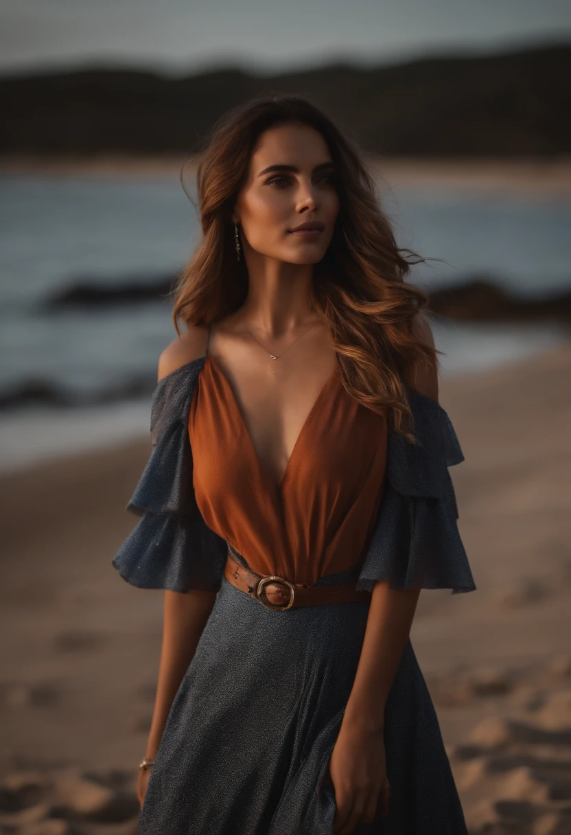 ESTILO: Ambiente acolhedor foto ampla de uma garota deslumbrante na praia | Gender: Filmes noir | EMOTION: Moody and cinematic blue and orange | CENA: deslumbrante, 25 anos, vestido branco com decote, cabelos ondulados, symmetric eyes, symmetrical face, volumetric facial light, with luxury accessories, bolsa Gucci, Traced hair, visible shadows, hiperrealista por James Cameron | TAGS: Cinematic framing wide photo | Camera: Nikon D850 | focal length: Lente de 23 mm de largura | TIPO DE DISPARO: foto ampla | compositing: candid | The lighting: Backlighting of sky light, Foto realista, mist in the air | Time of day: sun sunset | TYPE OF LOCATION: ao ar livre