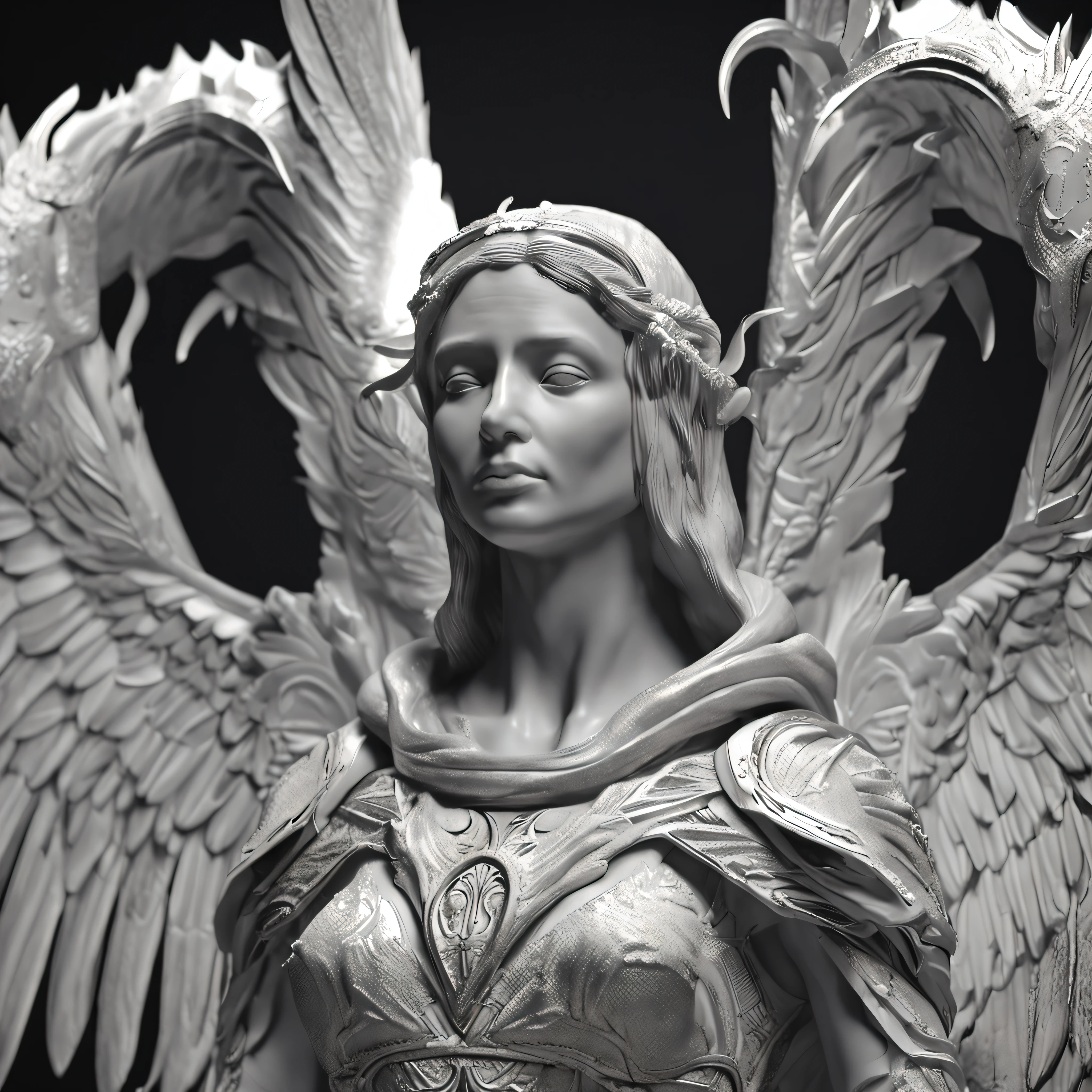 A closeup of a statue of an angel with wings, O Anjo da Morte, anjo da morte, unreal engine render + uma deusa, Vilania tem asas de anjo negro, the angel of death with a halo, angel in plastic armor, flowing white robes, Retrato do Anjo da Morte, angel knight gothic girl, Anjo majestoso de corpo inteiro, anjo protegendo a mulher, arte da capa, clinging to life, clinging to life, album art for a song with the title Grasp on to Life