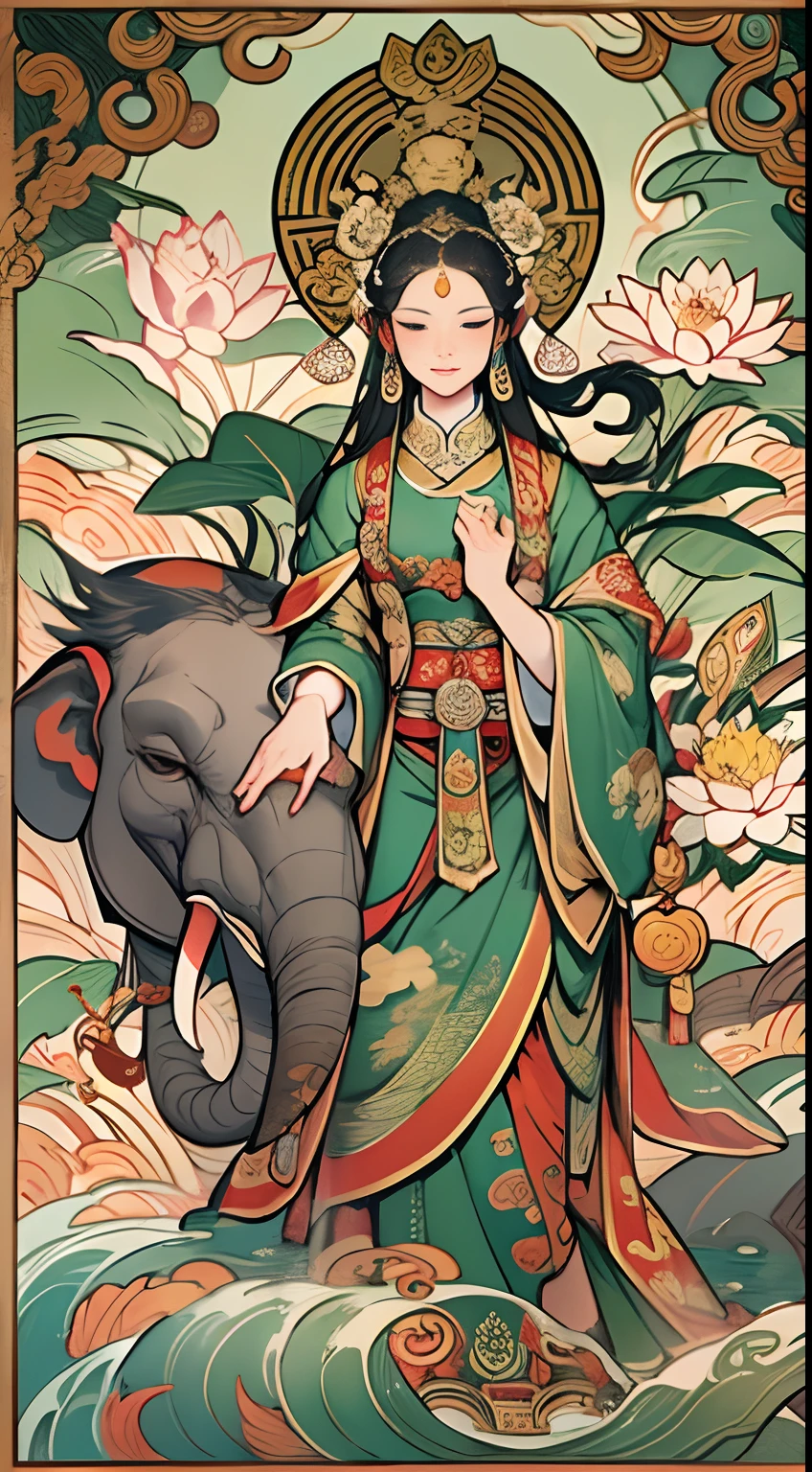 an ancient Chinese goddess, guanyin of the southern seas, Guanyin, Inspired by India, Avalokiteshvara rides an elephant,,Serene expression,shui mo hua,Buddha,Buddhist,Lotus,Chinese painting style,Thangka style